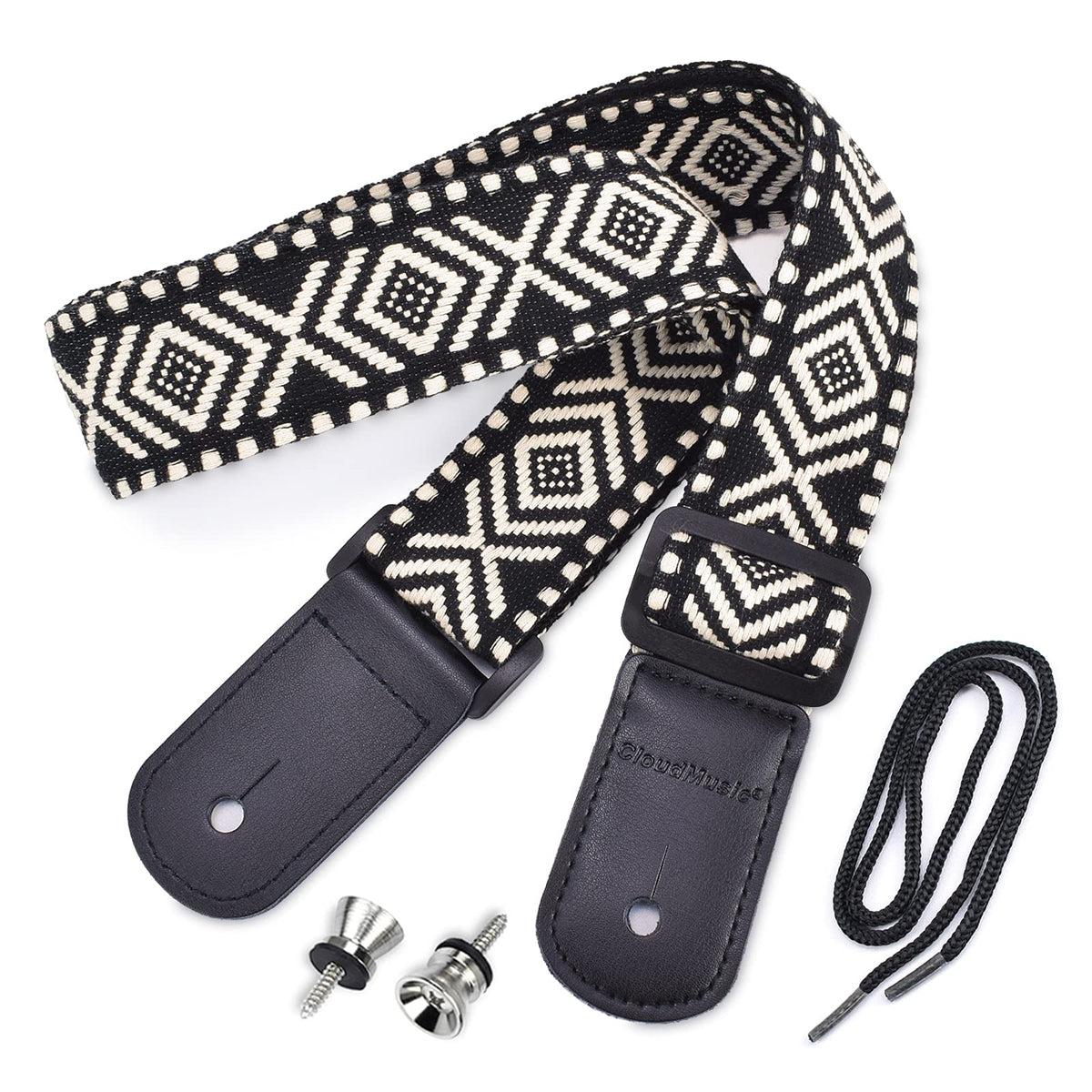 Cloudmusic Ukulele Strap Ethnic Hawaiian Pattern For Soprano Concert Tenor Baritone(Black)