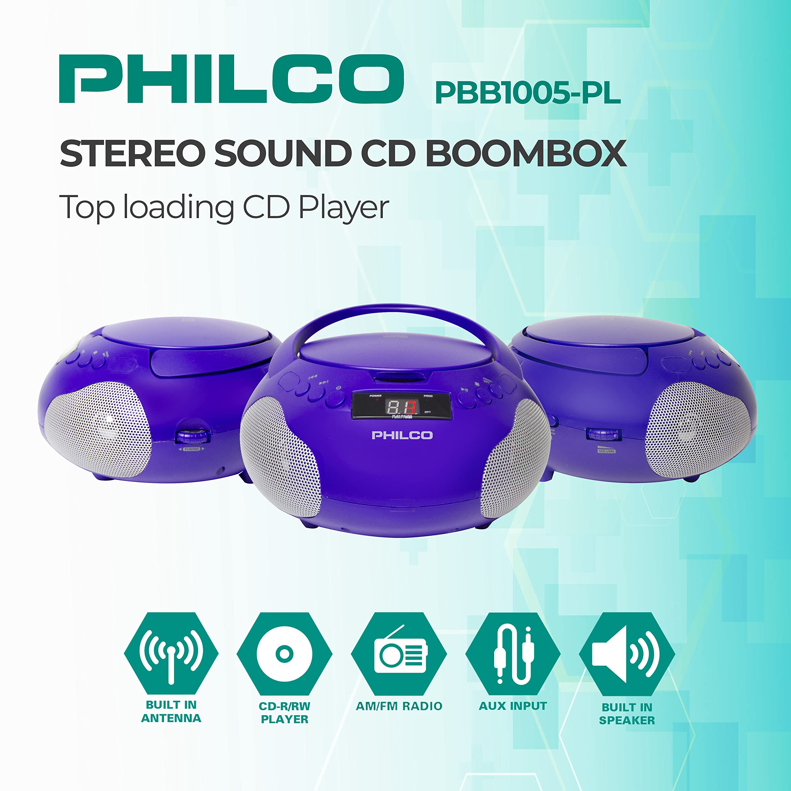 Philco Portable Cd Player Boombox With Speakers And Am Fm Radio | Purple Boom Box Cd Player Compatible With Cd R/Cd Rw And Audio