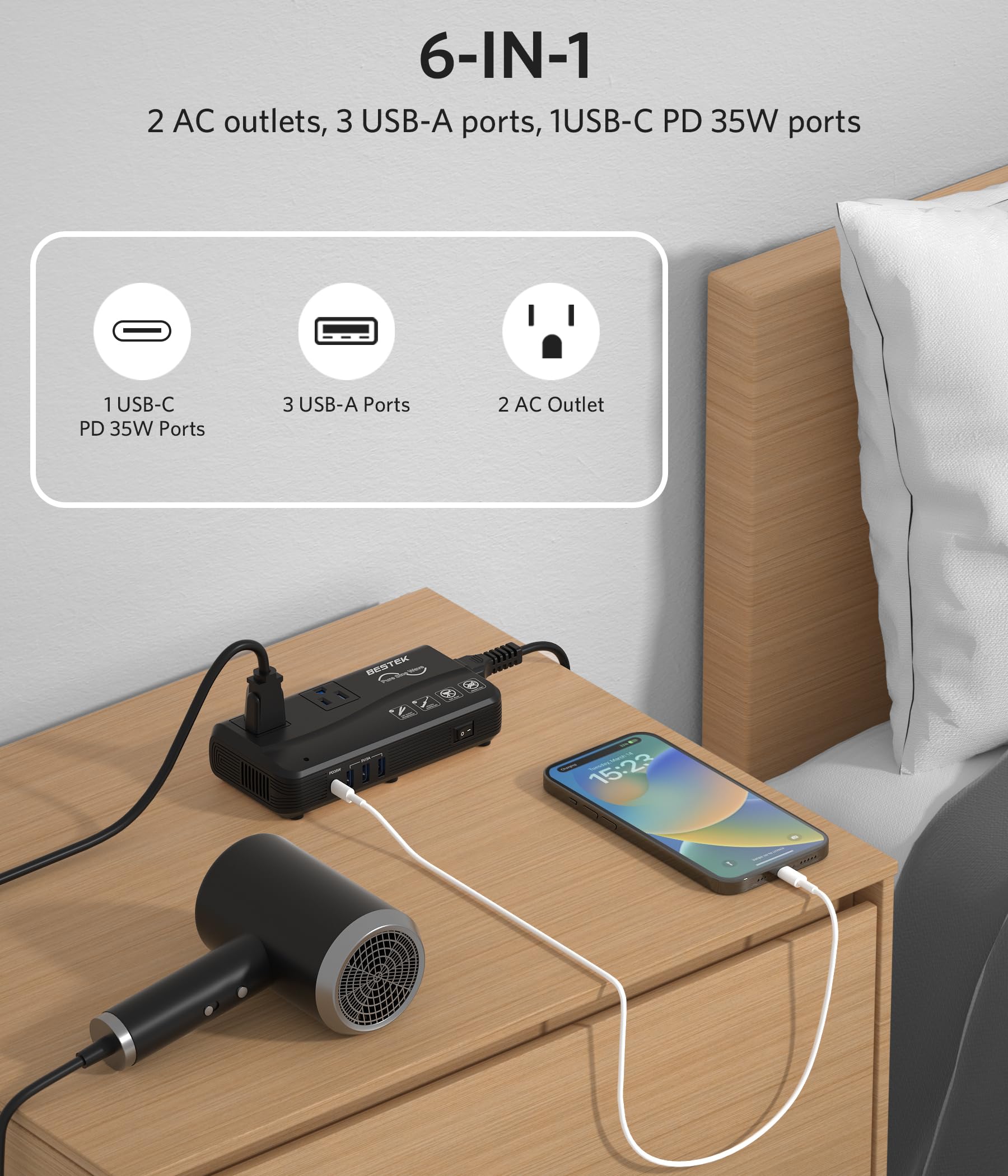 [Pure Sine Wave] Bestek 600W Voltage Converter 220V To 110V, With Pd35W Port Power Converter Adapter Combo For International Tra