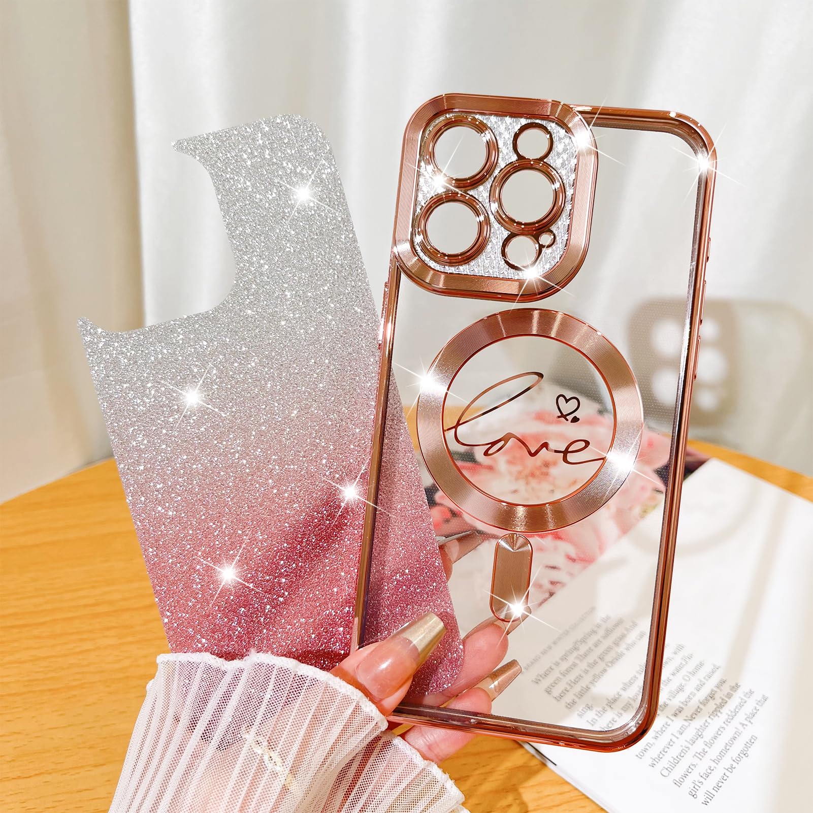 Fiyart Designed For Iphone 15 Pro Max Case,Compatible With Magsafe Love Heart Plating Camera Protection Clear Phone Case, Magnet