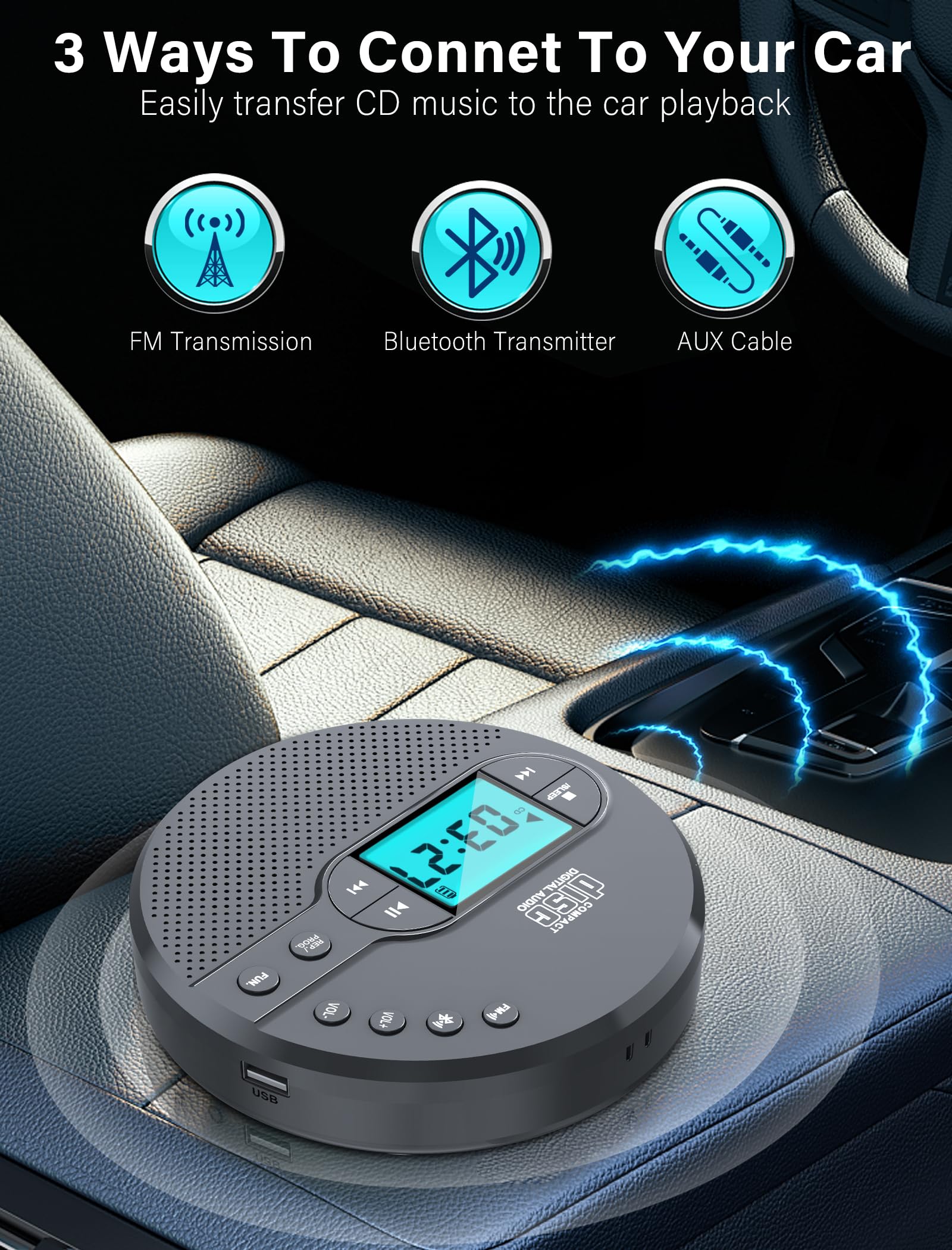 2000Mah Rechargeable Discman Cd Player:Walkman Cd Player With Bluetooth Fm Transmitter,Headphones,Lcd Screen,Aux,Built In Speaker,Usb Portable Personal Cd Player Anti Skip Protection For Car