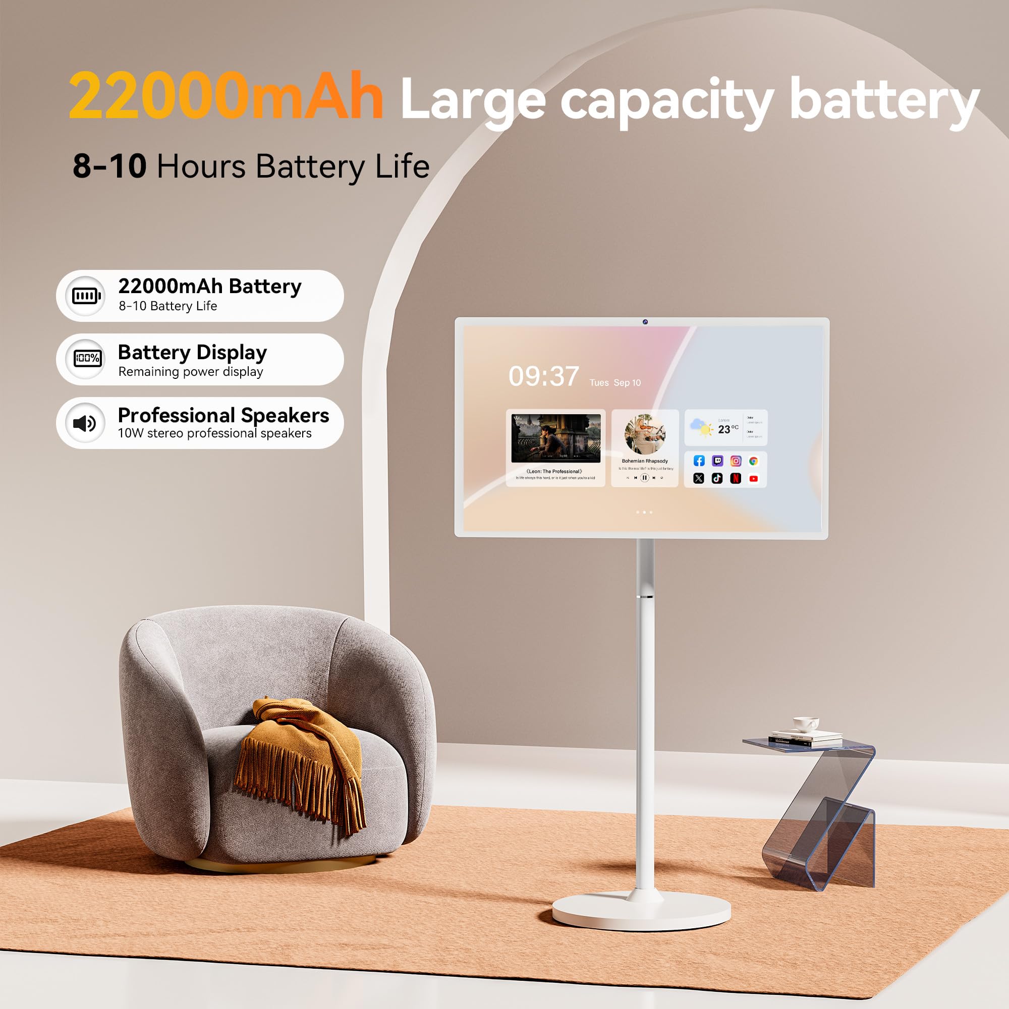 27-Inch Portable Smart Tv On Wheels With Touch Screen Monitor | 8G Ram +128G Storage | 8-Core Cpu Qualcomm | Built-In 8-10H Batt