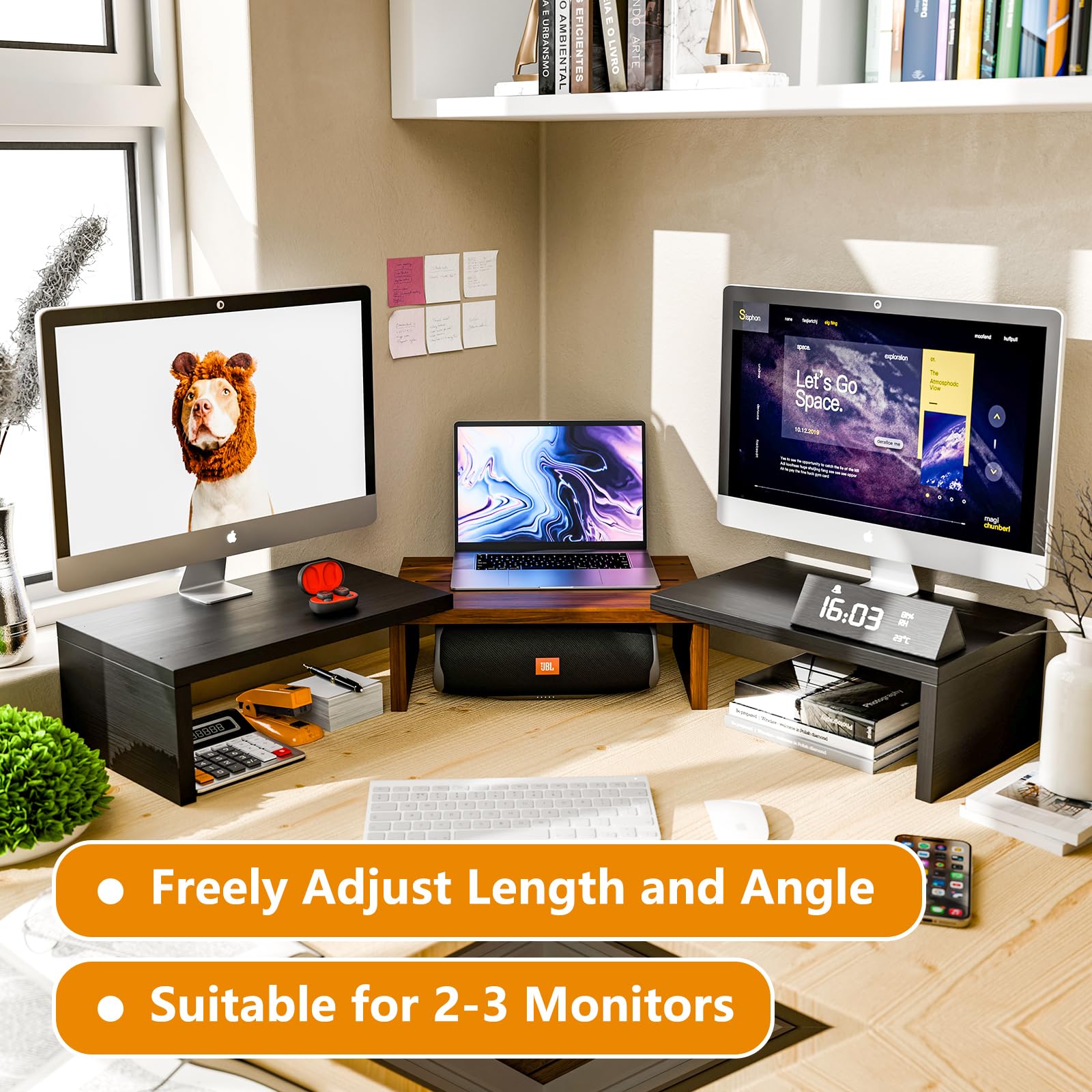 Simple Trending Adjustable Monitor Stand Riser - 3 Shelf with Drawer, Black, Wood, Model 1