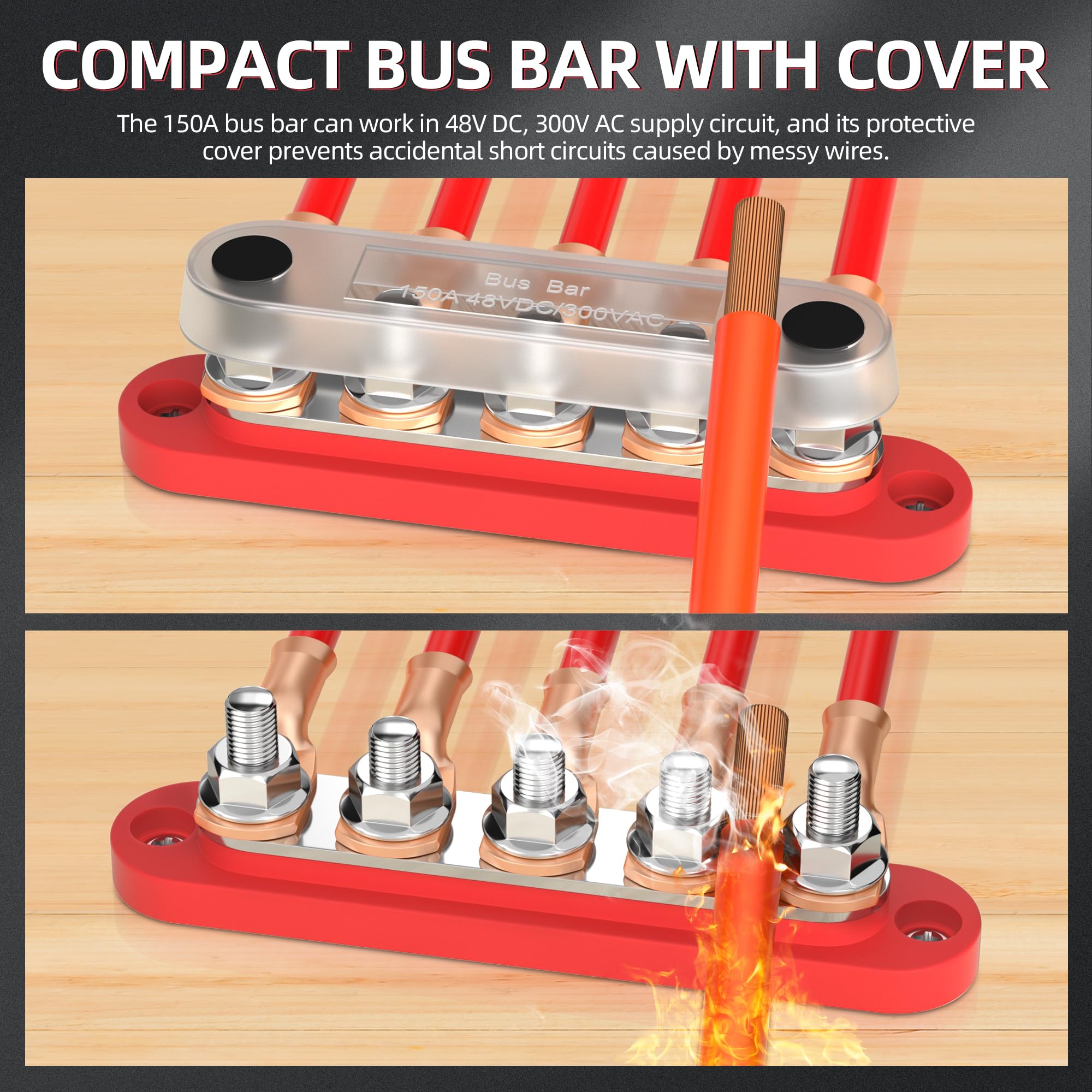 Daiertek Power Distribution Block With Cover Mini 5 X 1/4'' Studs Bus Bar Terminal Block Max 150A 48V Dc 300V Ac Positive & Nega