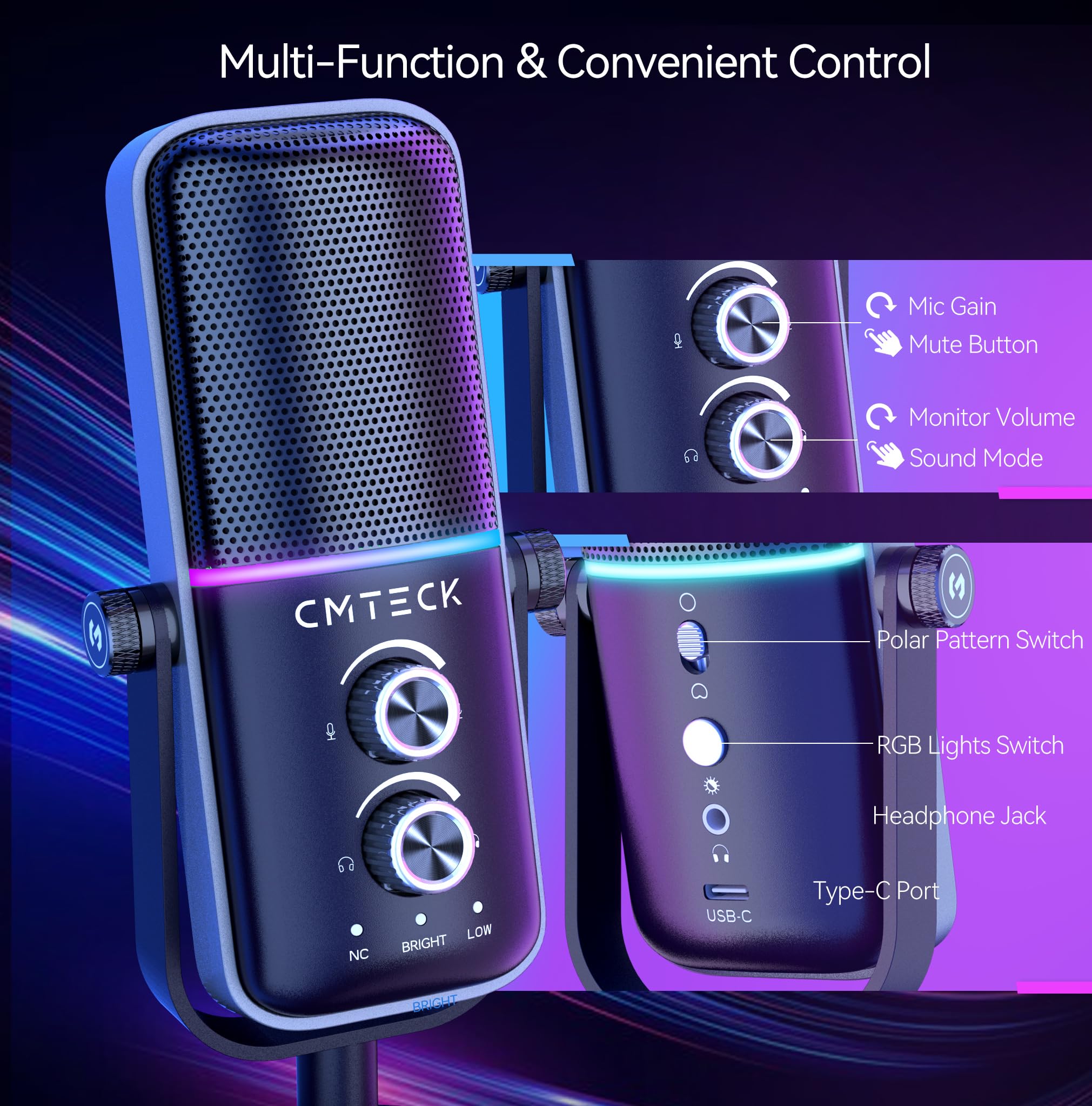 Cmteck Usb Microphone With Mic Stand, Gaming Microphone Set, Click To Mute Sensor, Omnidirectional & Cardioid Polar Pattern, Thr