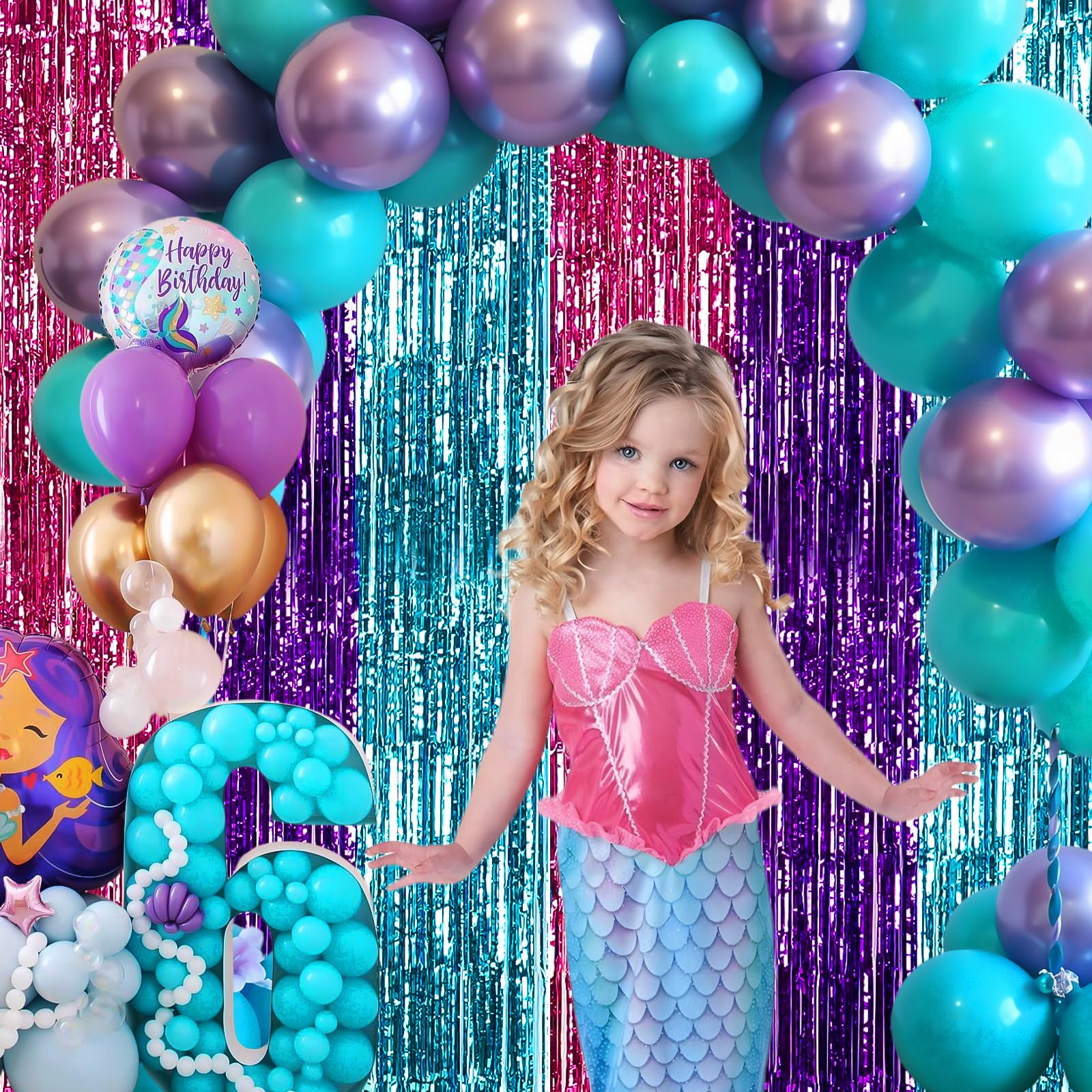 Mermaid Themed Foil Fringe Curtains, 2 Packs Of 3.3X6.6 Ft Blue Purple And Hot Pink Tinsel Foil Fringe Curtains Photo Booth Prop