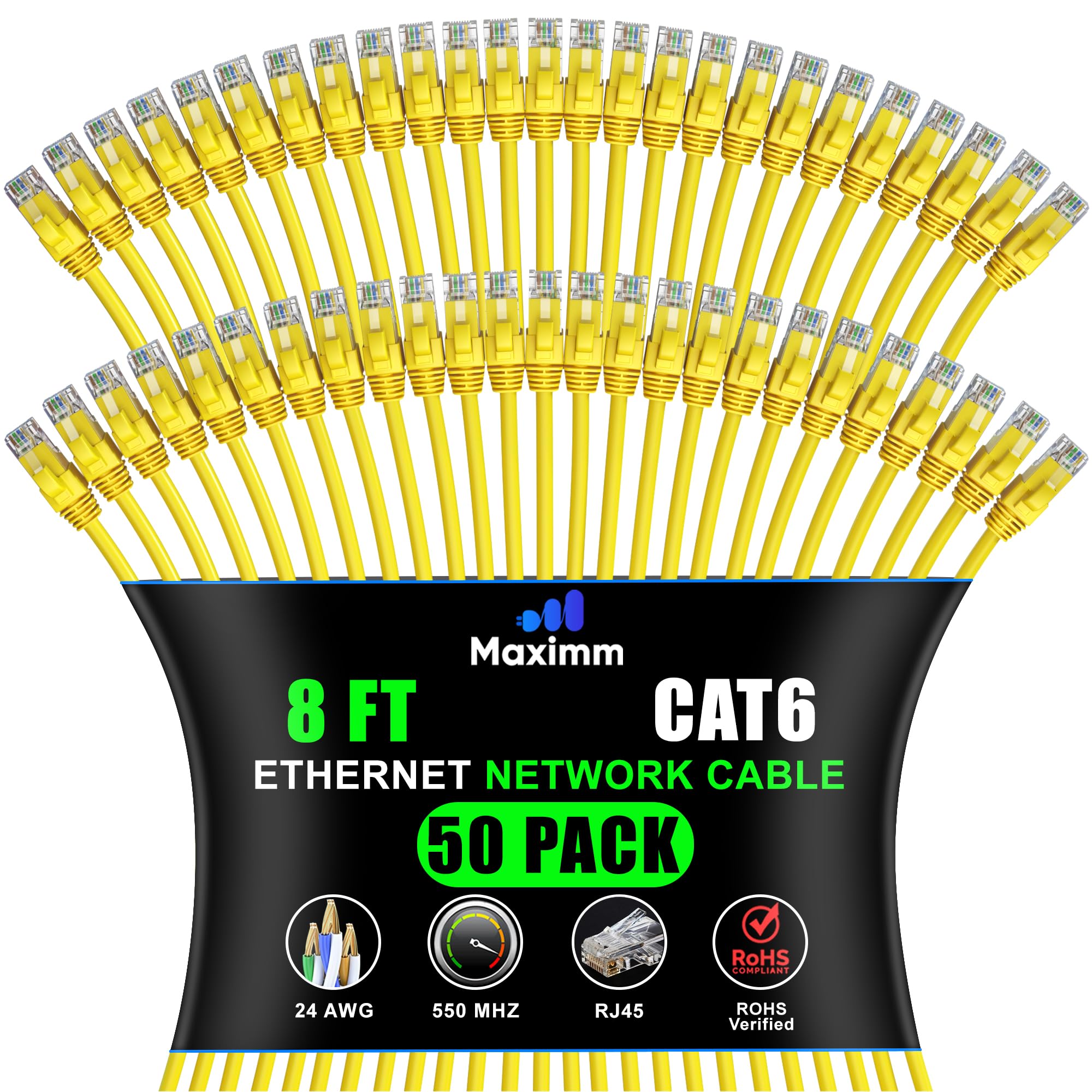 Maximm Cat 6 Ethernet Cable 8 Ft (50 Pack)   High Speed Lan Cable, Internet Cable, Patch Cable, And Network Cable   Utp, 10Gbps, 550Mhz Ethernet Cord   Yellow