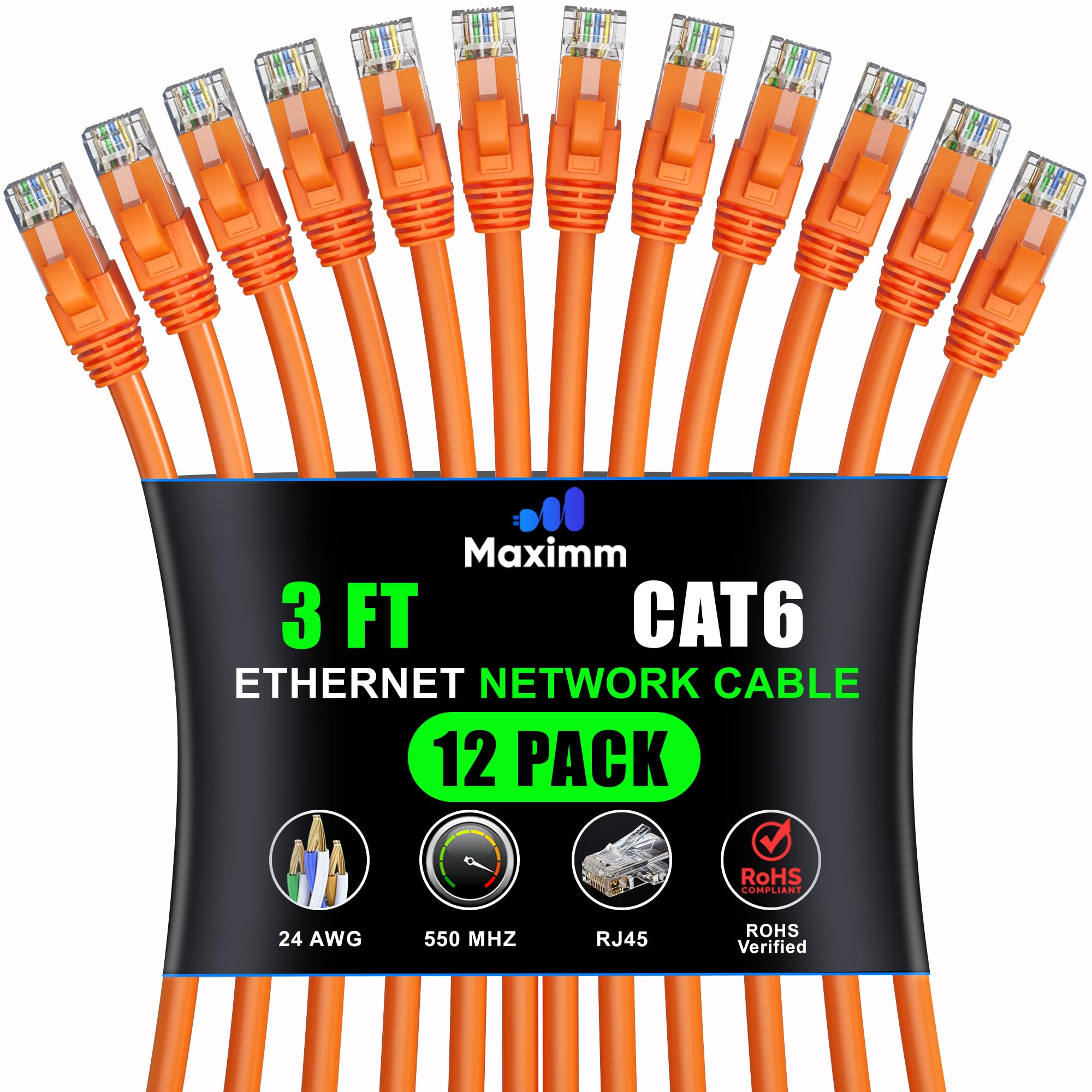 Maximm Cat 6 Ethernet Cable 3 Ft (12 Pack)   High Speed Lan Cable, Internet Cable, Patch Cable, And Network Cable   Utp, 10Gbps, 550Mhz Ethernet Cord   Orange