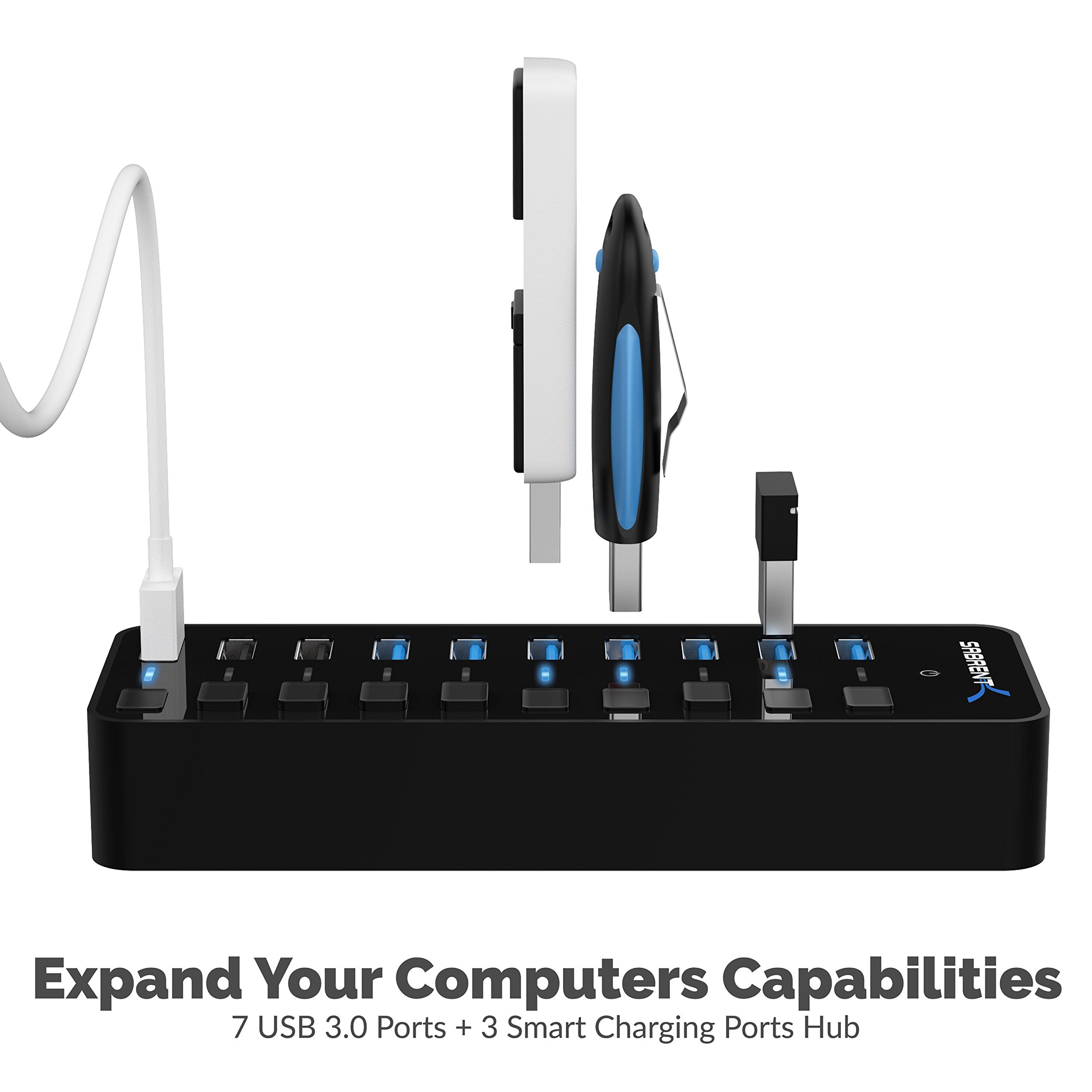 Sabrent 60W 10 Port Usb 3.0 Hub Includes 3 Smart Charging Ports With Individual Power Switches And Leds And 60W 12V/5A Power Ada