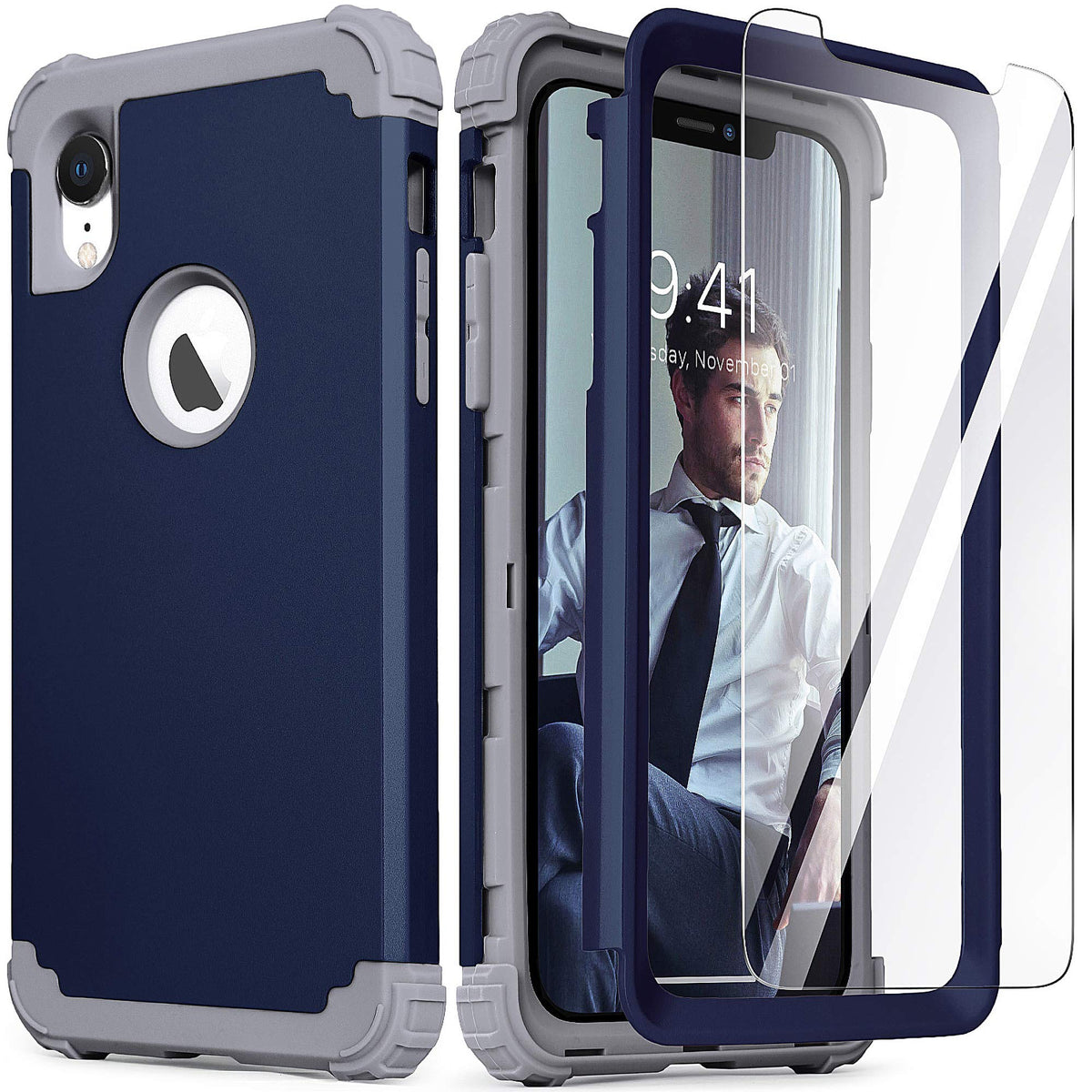 Idweel Iphone Xr Case, Iphone Xr Case With Tempered Glass Screen Protector, 3 In 1 Shockproof Slim Hybrid Heavy Duty Hard Pc Cov