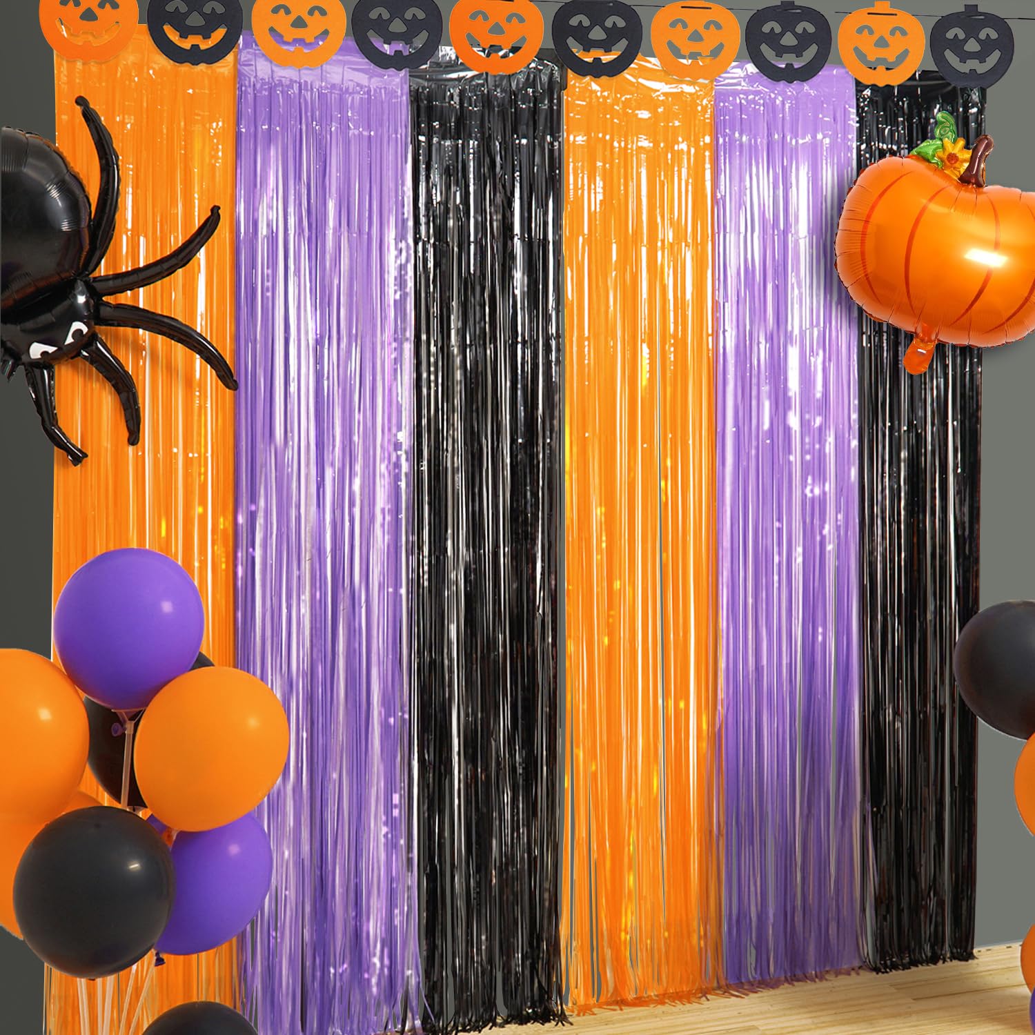 Halloween Party Decoration, 2 Pack Halloween Foil Fringe Curtains, Orange Purple Black Metallic Tinsel Foil Fringe Curtains Phot
