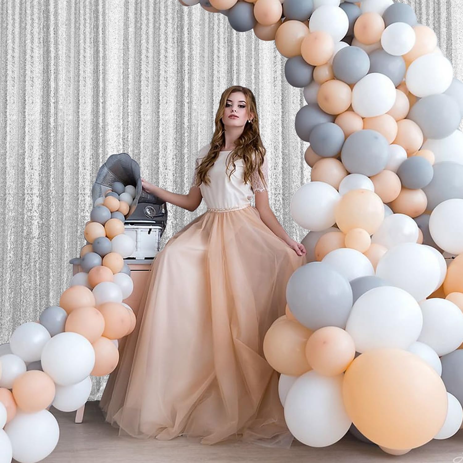 2  8Ft 2Pcs Silver Sequin Backdrop Curtains Panels, Photography Backdrop Glitter Fabric Background For Christmas Wedding Party D