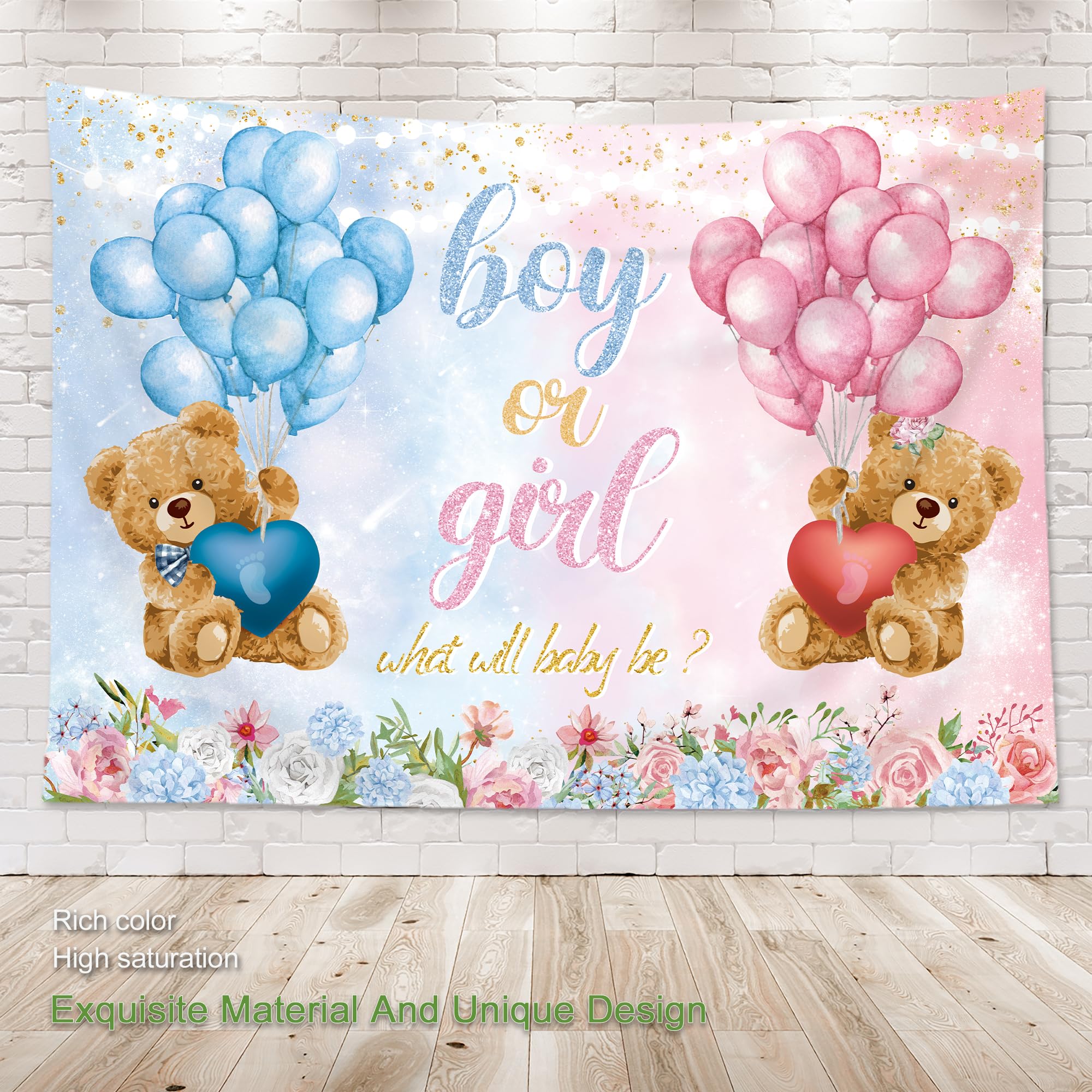 Omifly Bear Gender Reveal 7Wx5H Backdrop For Photography Boy Or Girl Pink Blue Balloon Floral Rose For Newborn Baby Shower Backg