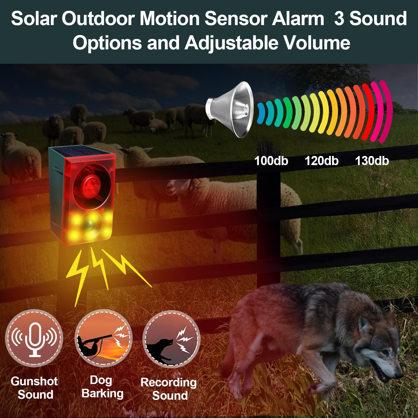 Qualirey 2 Pcs Solar Outdoor Motion Sensor Alarm Animal Deterrent Gunshot Sound Dog Barking 130Db Loud Noise Maker 3 Modes With