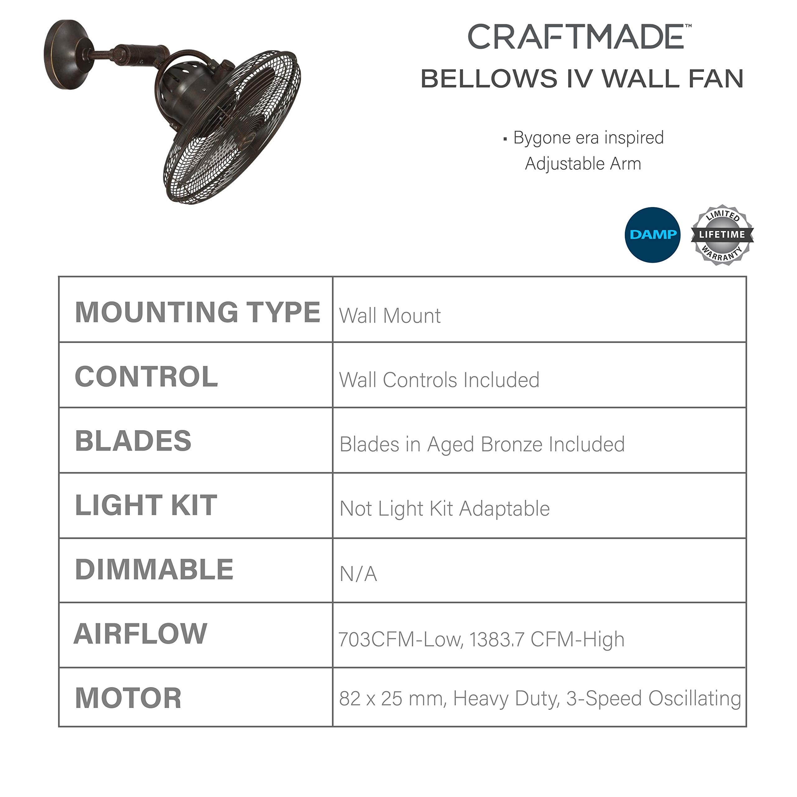 Craftmade Outdoor Wall Mount Fan Bw414Ag3 Bellows Iv 16 Inch Patio Fans Oscillating With Wall Control, Aged Bronze Textured