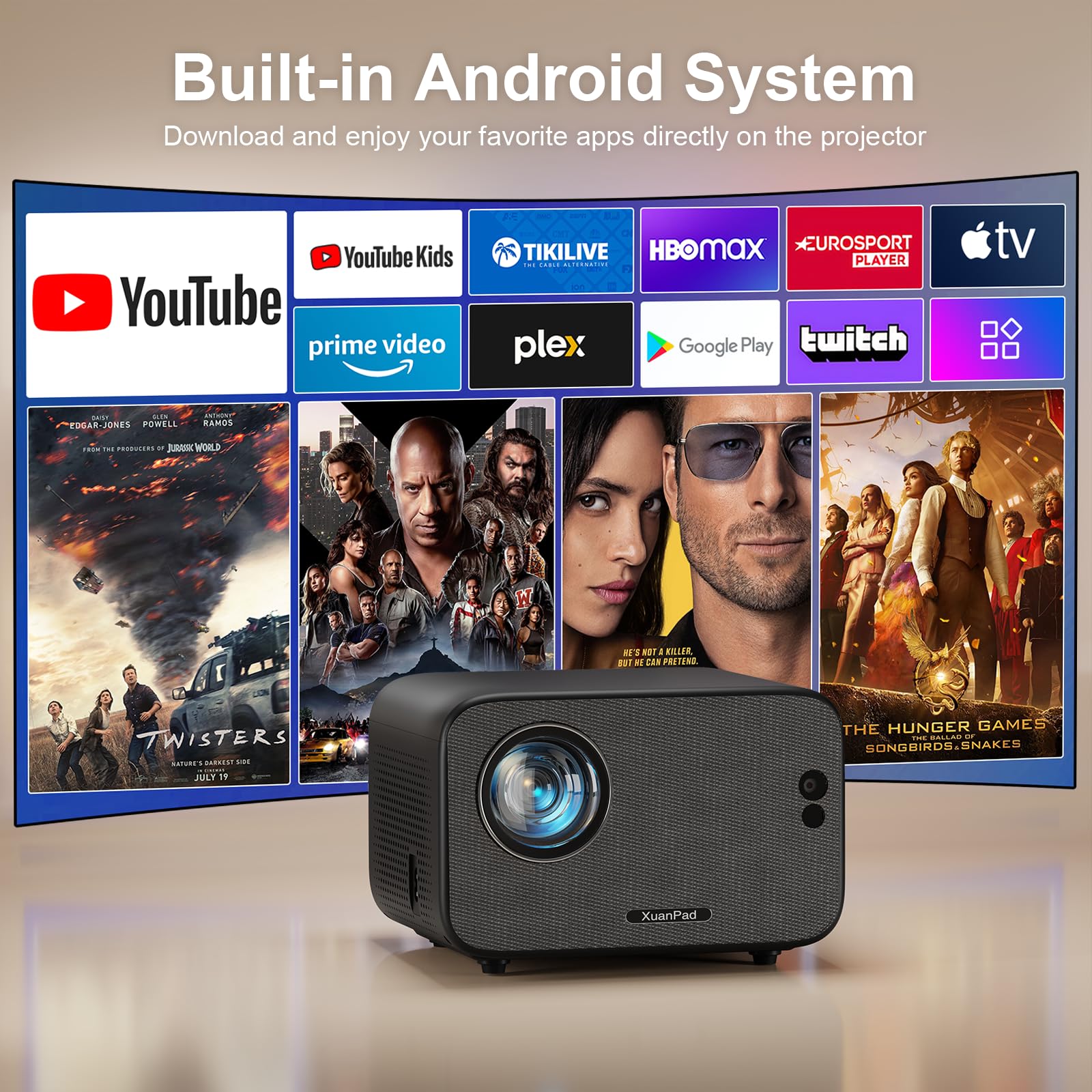 [Auto Focus] Projector With Android System, Xuanpad Portable Projector With Wifi 6 And Bluetooth, Auto Vertical Correction, Full