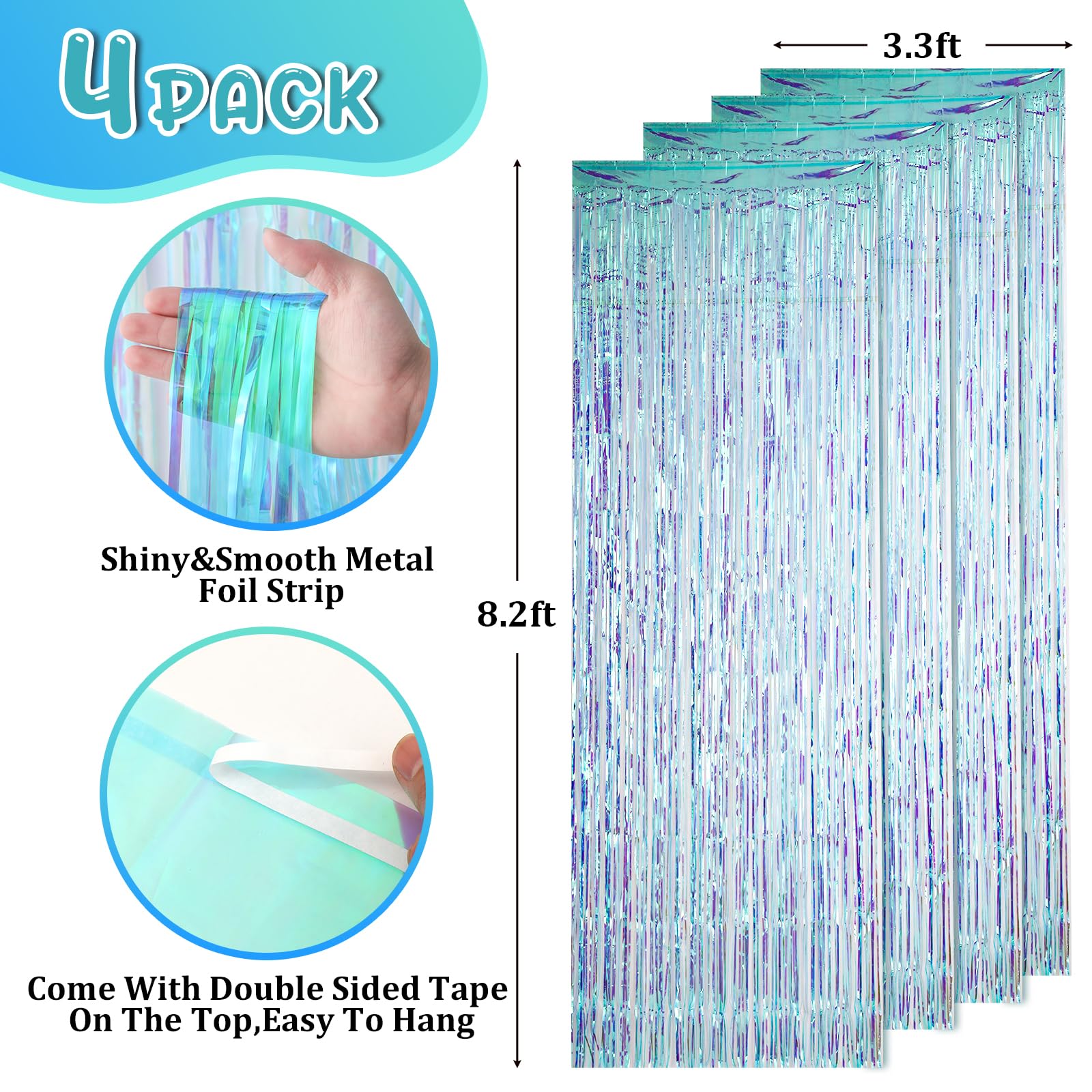 Voircoloria 4 Pack 3.3X8.2 Feet Neon Iridescent Foil Fringe Backdrop Curtains, Tinsel Streamers Birthday Party Decorations, Frin