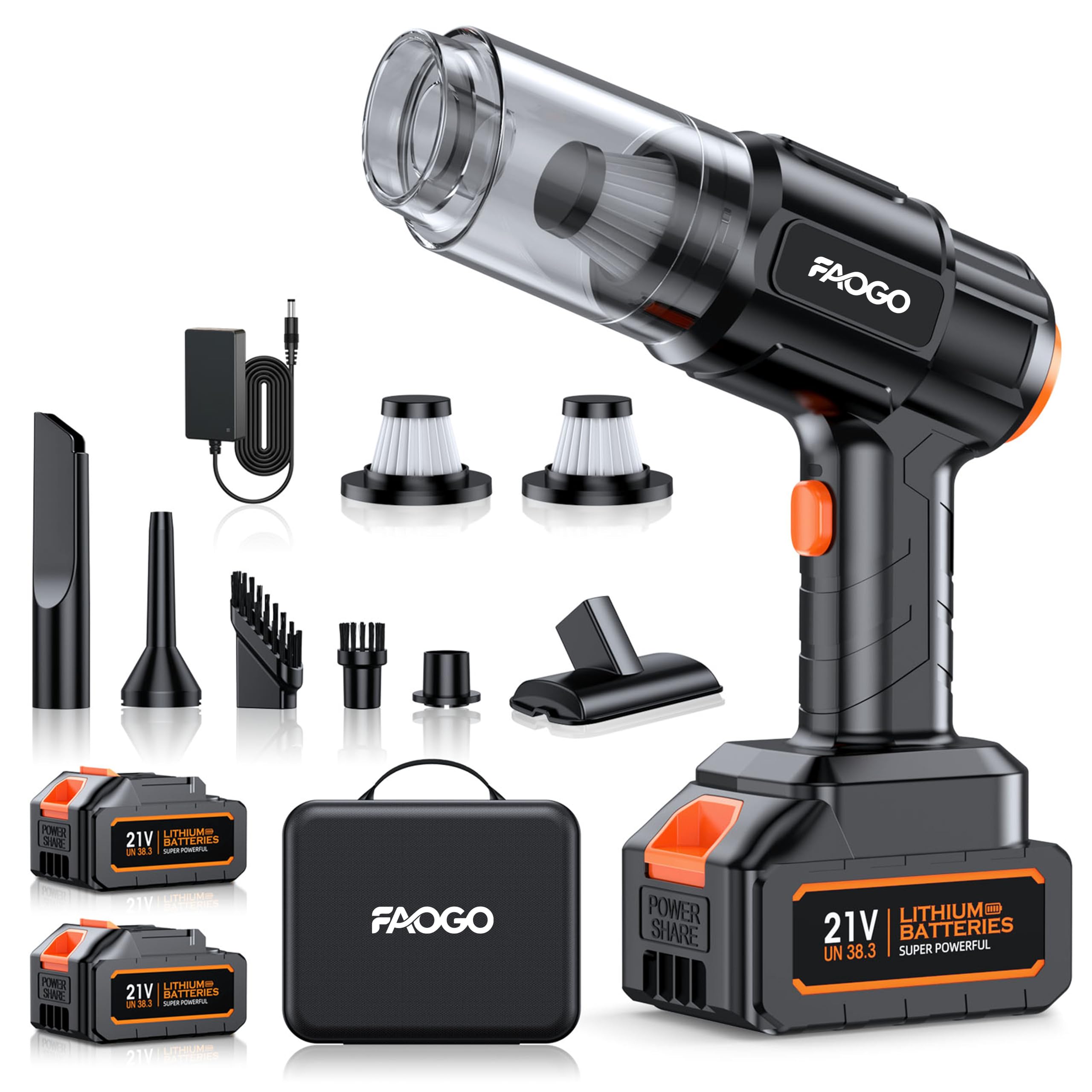 FAOGO Car Vacuum Portable Cordless, 50000Pa High Power Brushless Motor, Rechargeable Handheld Vacuum with 2 Batteries & Charger,