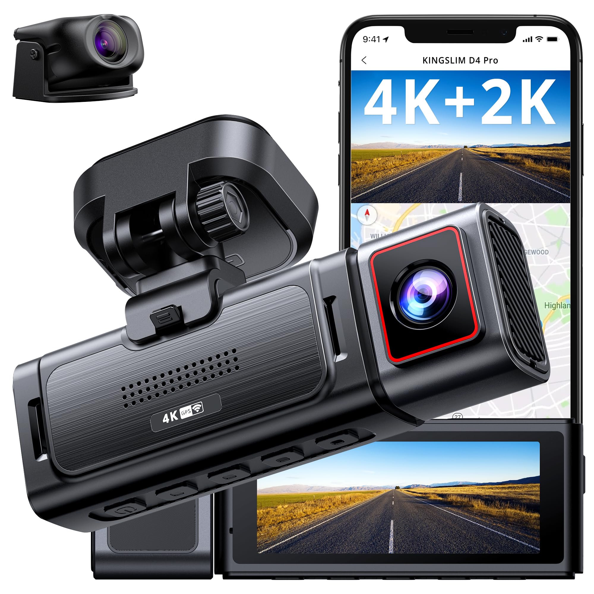 Kingslim D4Pro Dash Cam Front And Rear   4K + 2K Dual Car Dashcam With Wifi Gps Dash Camera, Optional Inside Recording, Voice Co