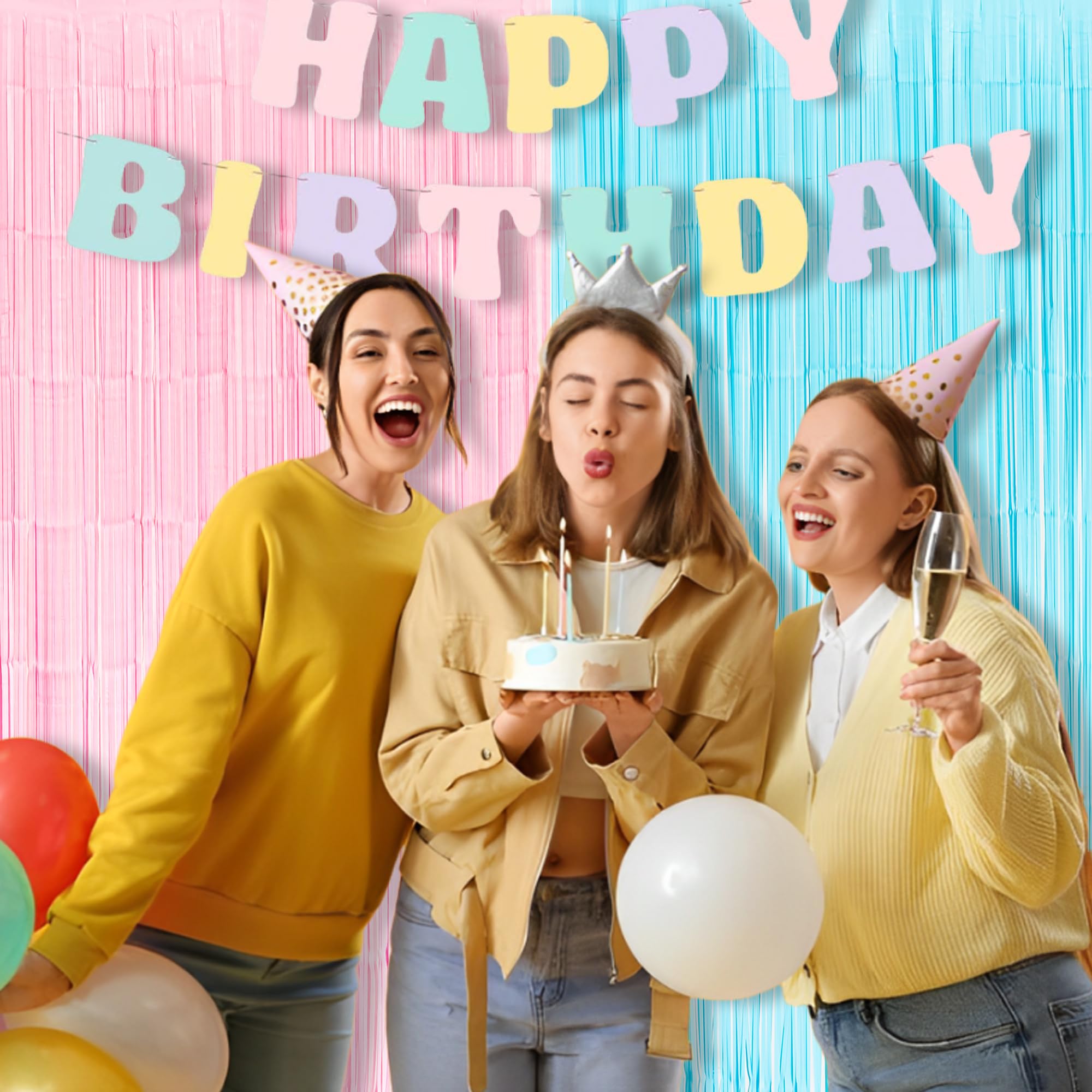 Braveshine Tinsel Photo Backdrop Curtains   2 Pack 3.2X8.2Ft Pastel Pink Blue Foil Fringe Streamer Curtain For Birthdays Boy Or