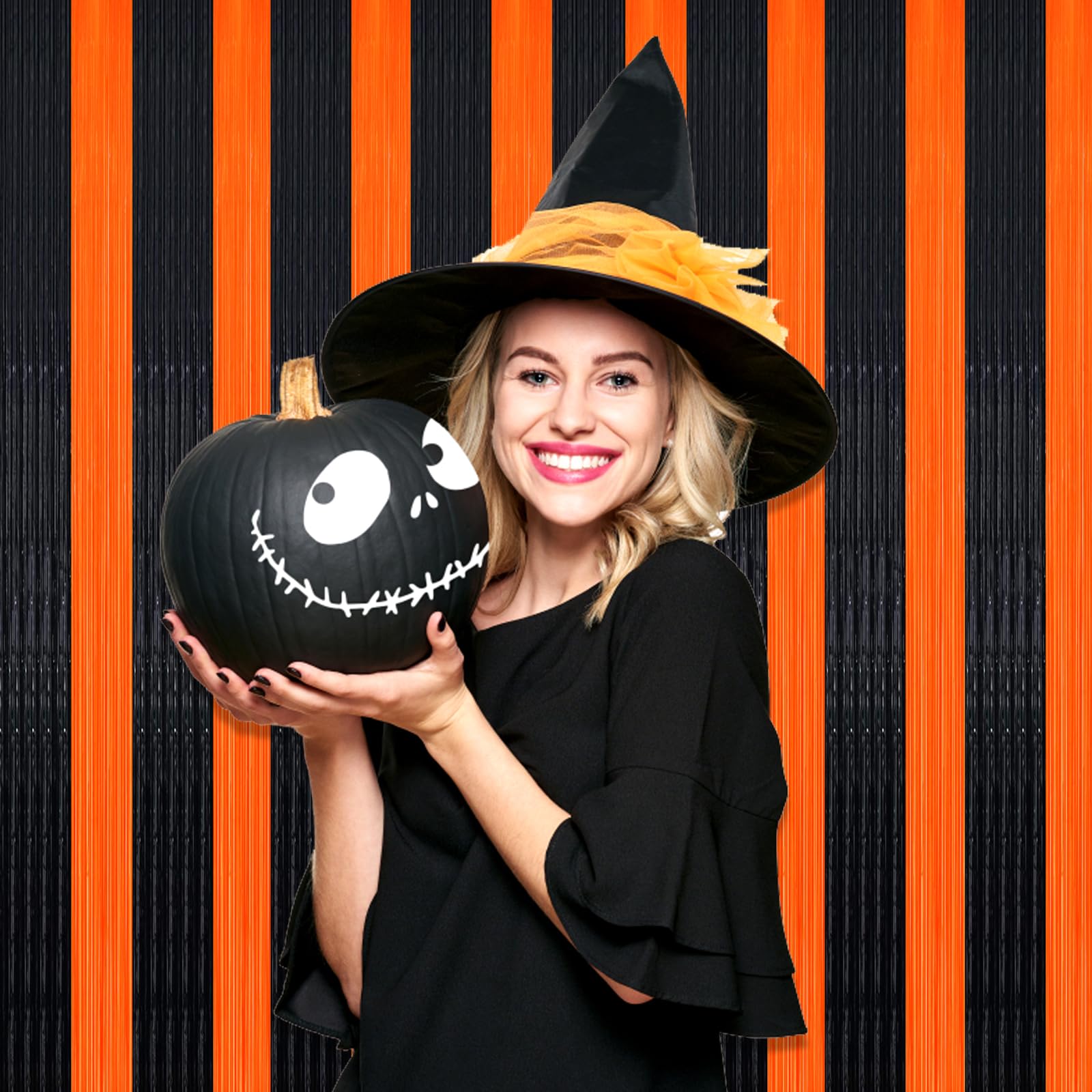 3 Pack Black Orange Foil Fringe Curtain Backdrop, 3.28Ft X 8.2Ft Metallic Tinsel Foil Fringe Streamer Curtains For Photo Booth,