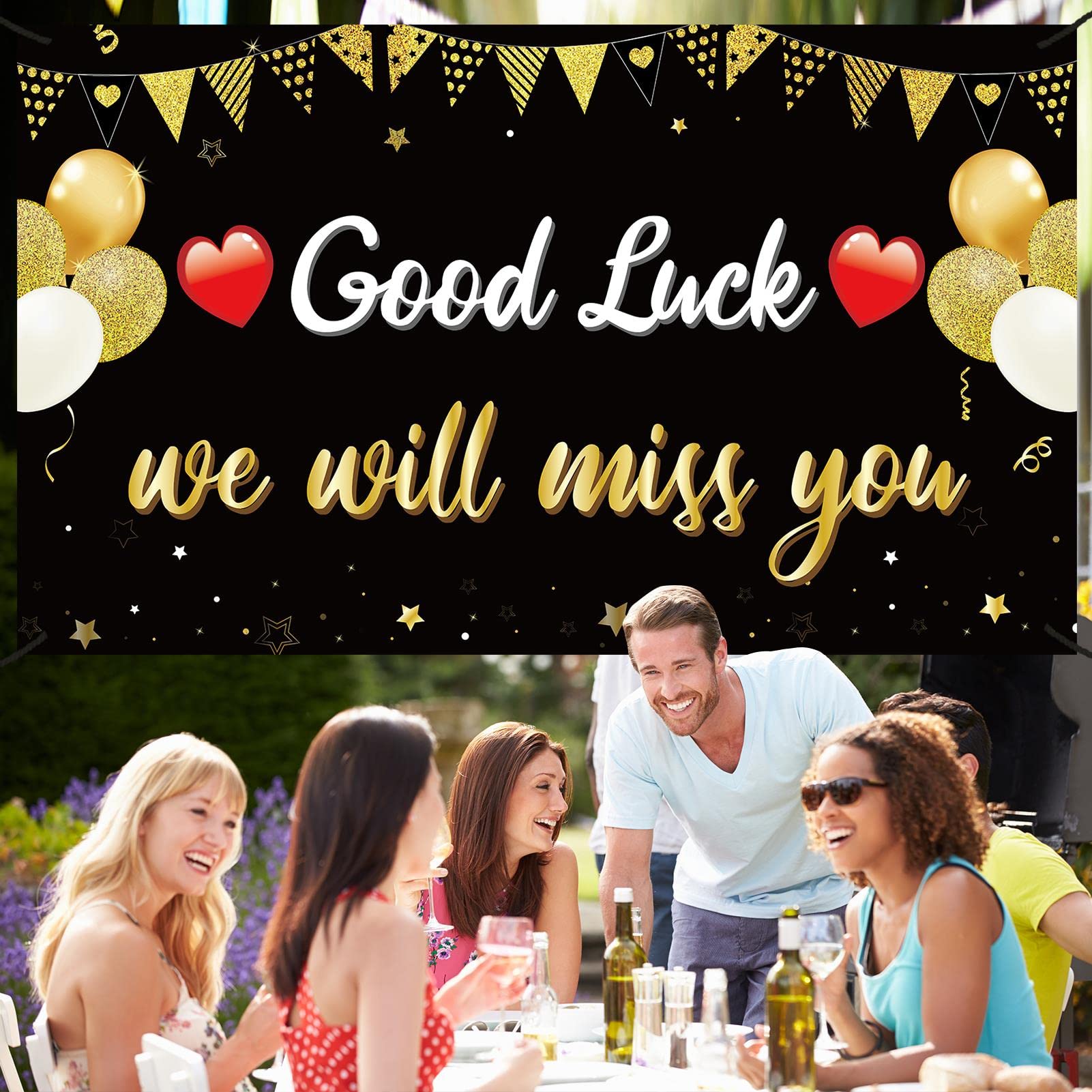 Pimvimcim Going Away Party Decorations We Will Miss You Good Luck Banner, Black Gold Farewell Backdrop Party Supplies, Goodbye C