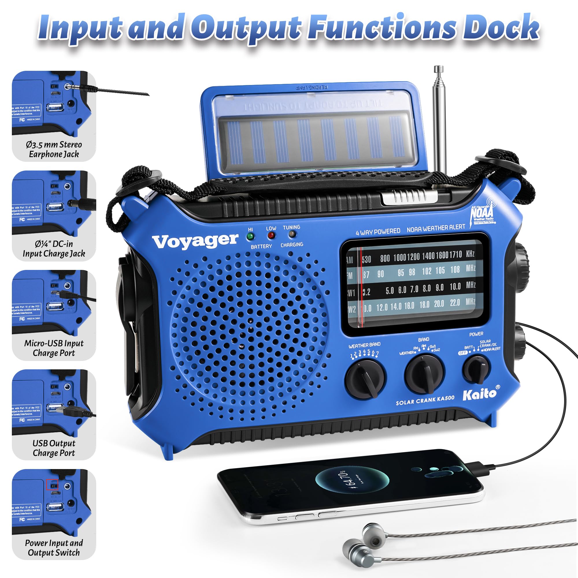Kaito Ka500Bu 5 Way Powered Emergency Am/Fm/Sw Weather Alert Radio, Blue