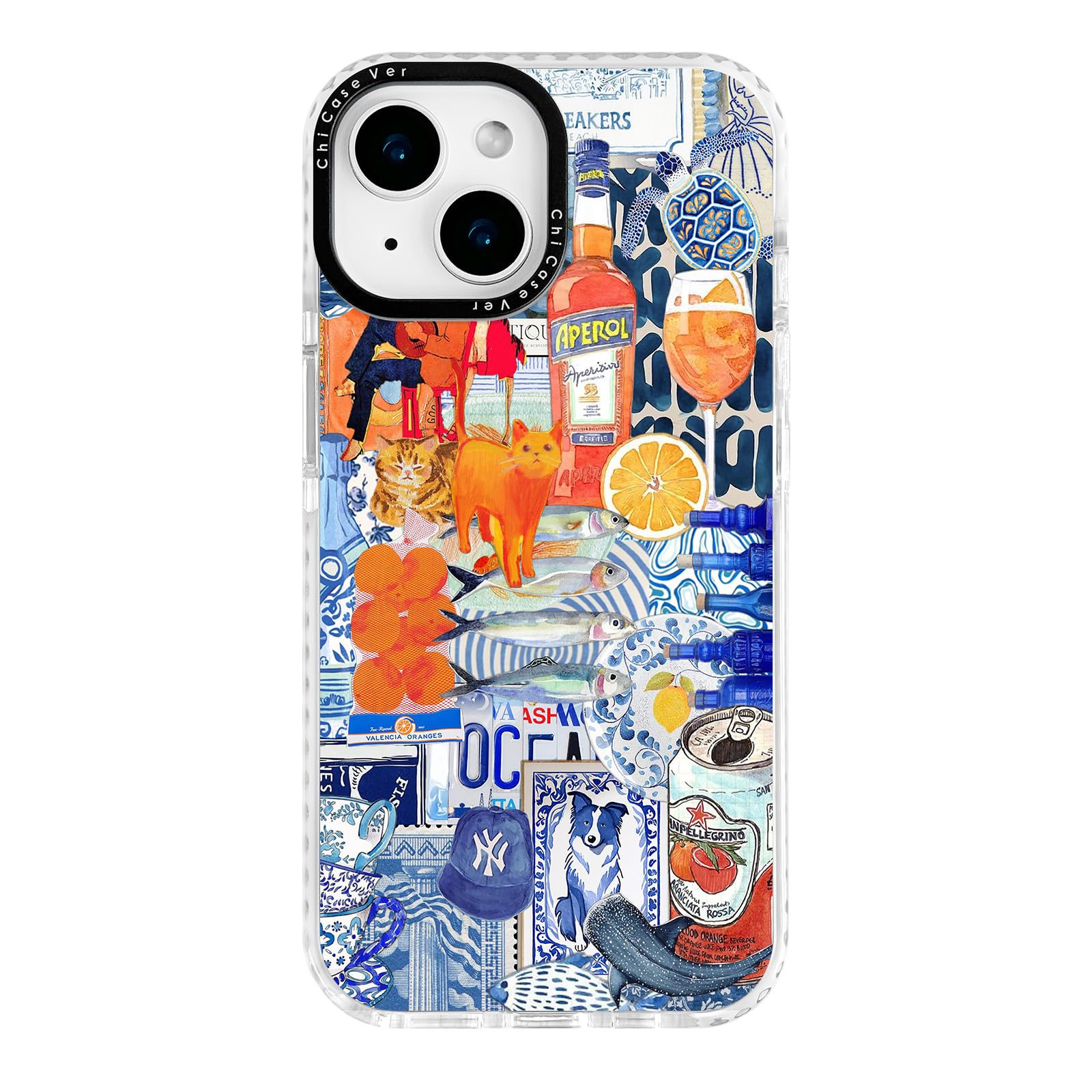 ChiCaseVer for iPhone 15 Plus Case, Mediterranean Aperol Collage Pattern, Military-Grade Drop Protection, Playful Coastal Soft S