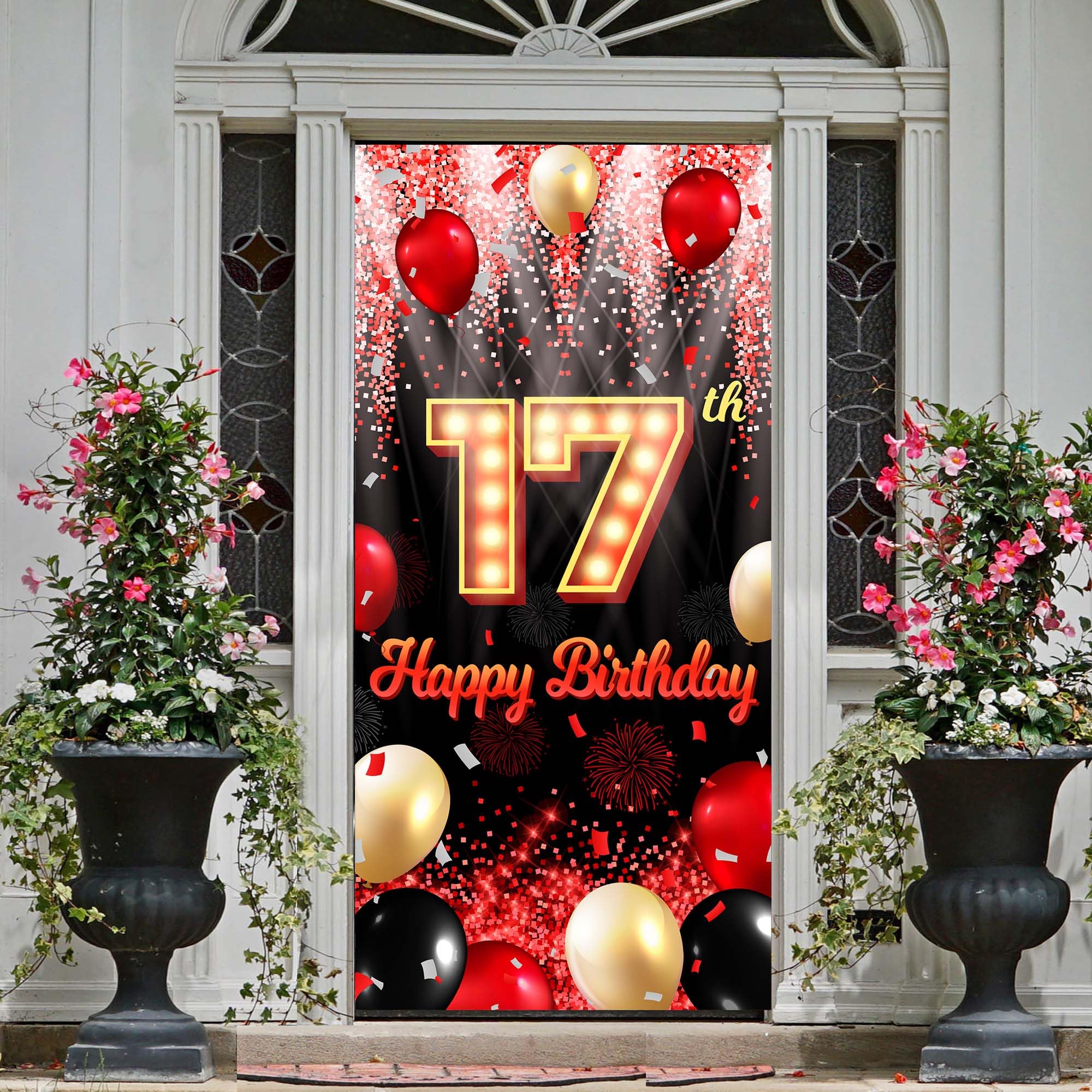 Happy 17Th Birthday Backdrop Banner Black And Red Theme Background With Neon Shiny Fashion Birthday Party Photo Photography Prop