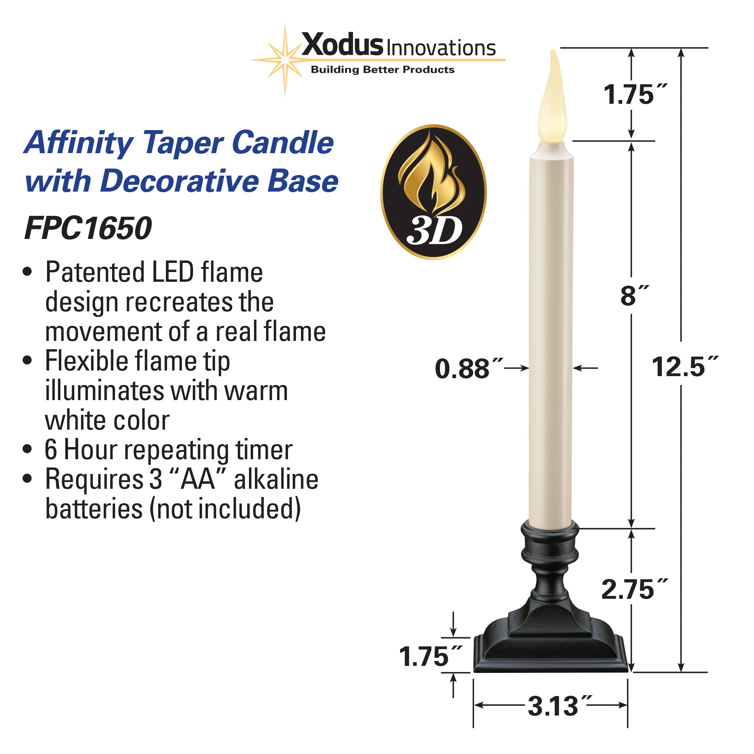 Xodus Innovations Fpc1650 4 Battery Operated Flameless 12 Inch Taper Candle And Base With 3D Warm White Flickering Flame And 6 H