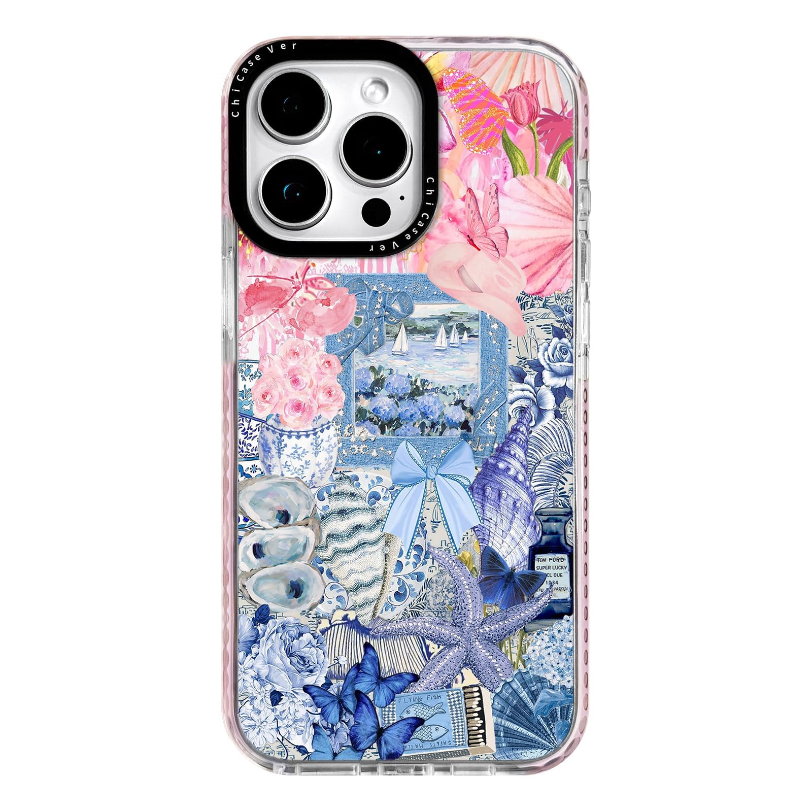 ChiCaseVer for iPhone 13 Pro Case,Coastal Vintage Collage with Shells & Floral Aesthtic Design Pattern,Military-Grade Drop Prote