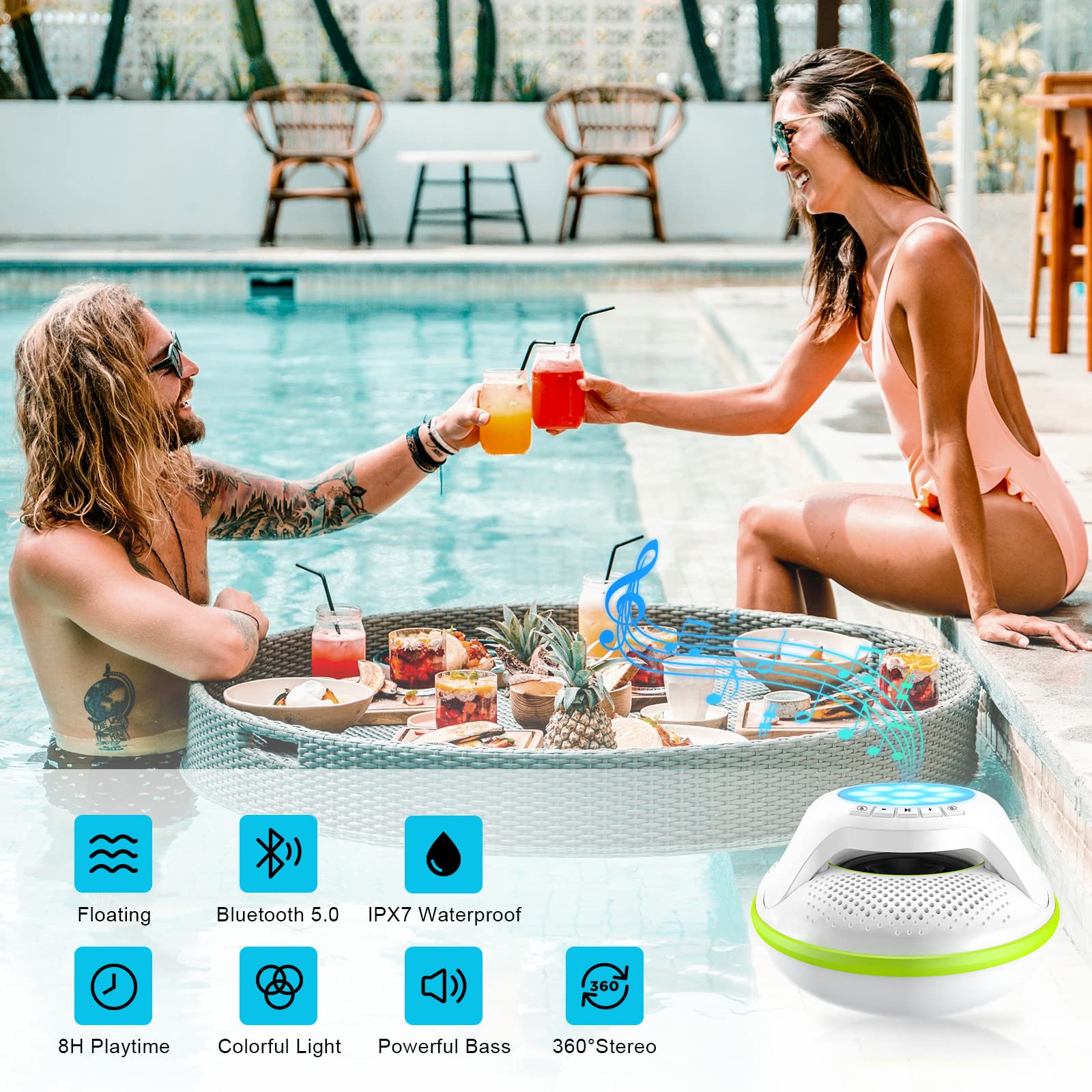 Portable Bluetooth Speakers,Wireless Floating Speaker Stereo With Waterproof Ipx7 And Colorful Led Light,10 Meters Bluetooth Ran