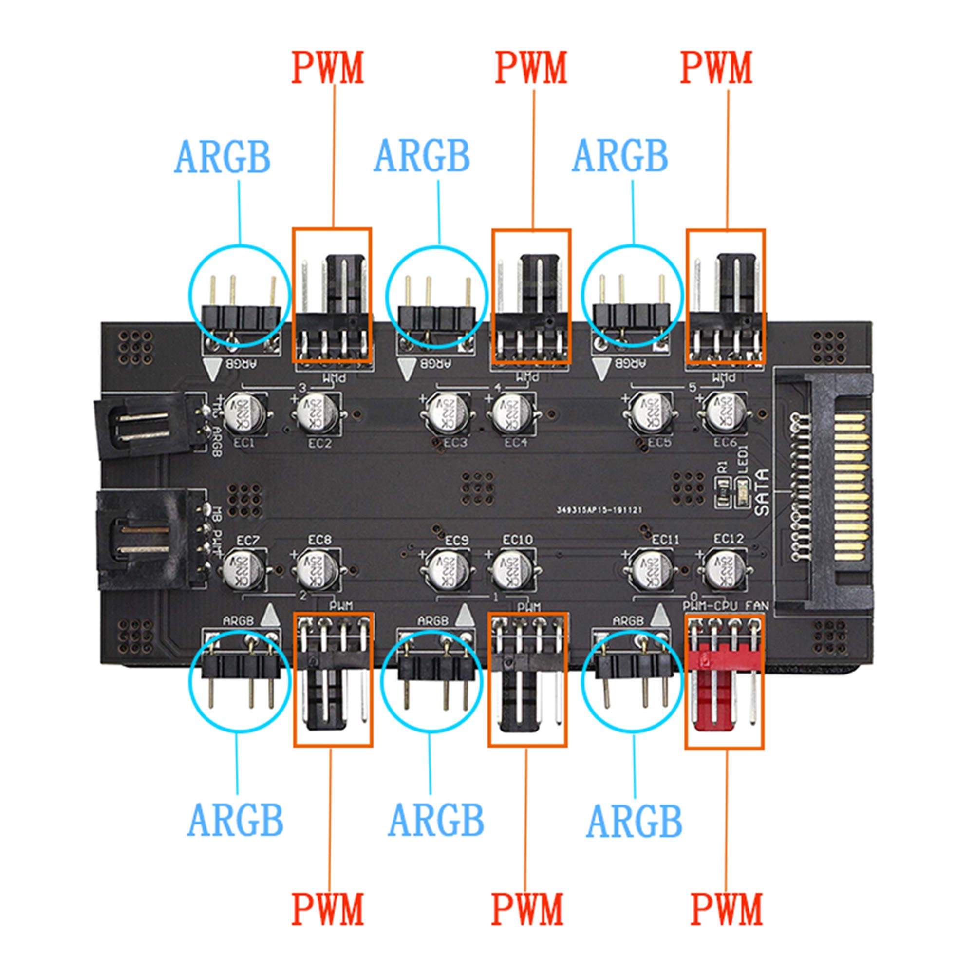 XMSJSIY 12V 4Pin PWM & 5V 3Pin ARGB Hub - 6 Way Sync CPU Cooling Fan Splitter for Desktop Motherboards, Black