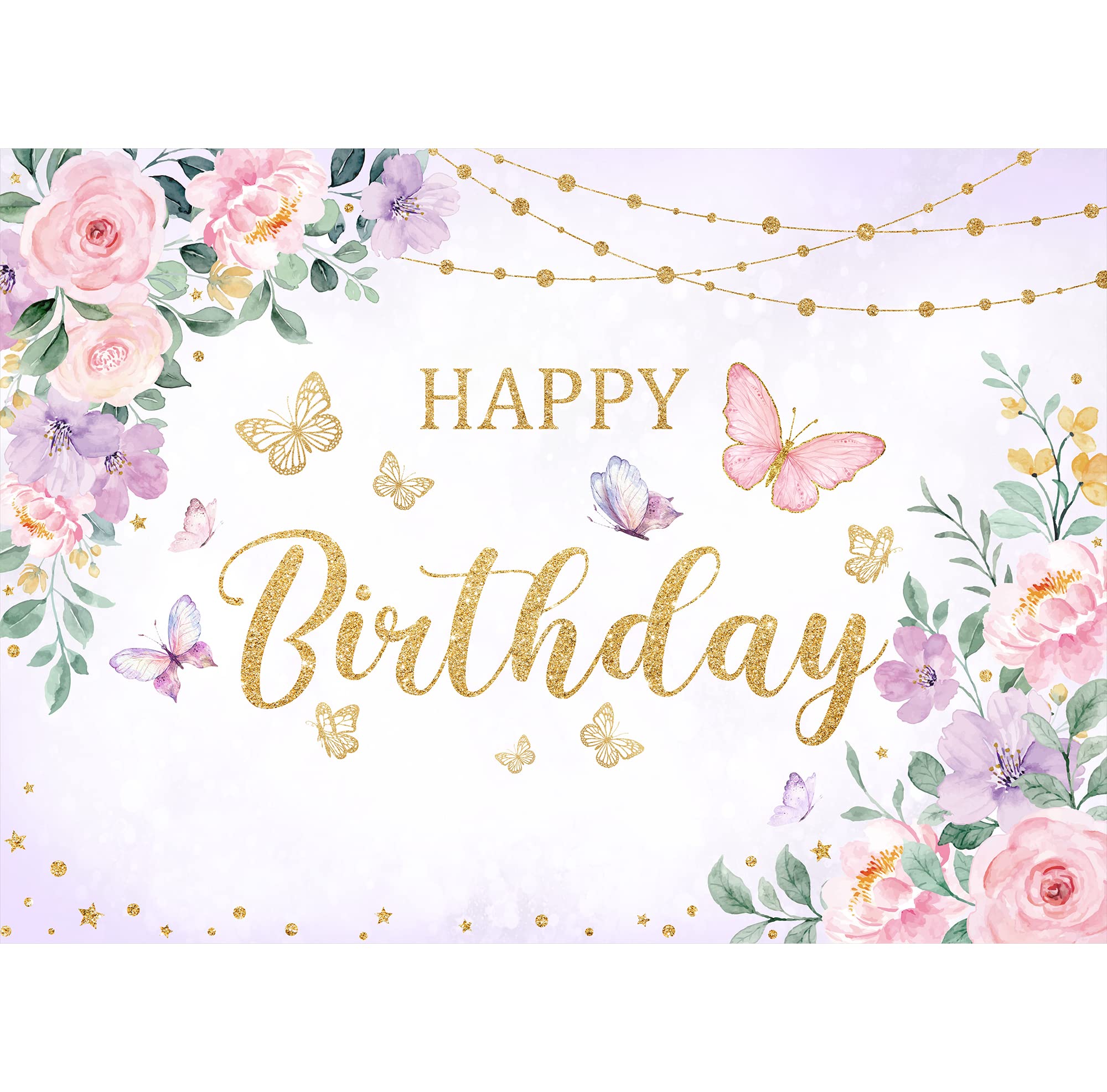 Svbright Butterfly Floral Happy Birthday Backdrop 7Wx5H Cute Pink Purple Flower Blossom Plant Pastel Girls Gold Lovely Princess