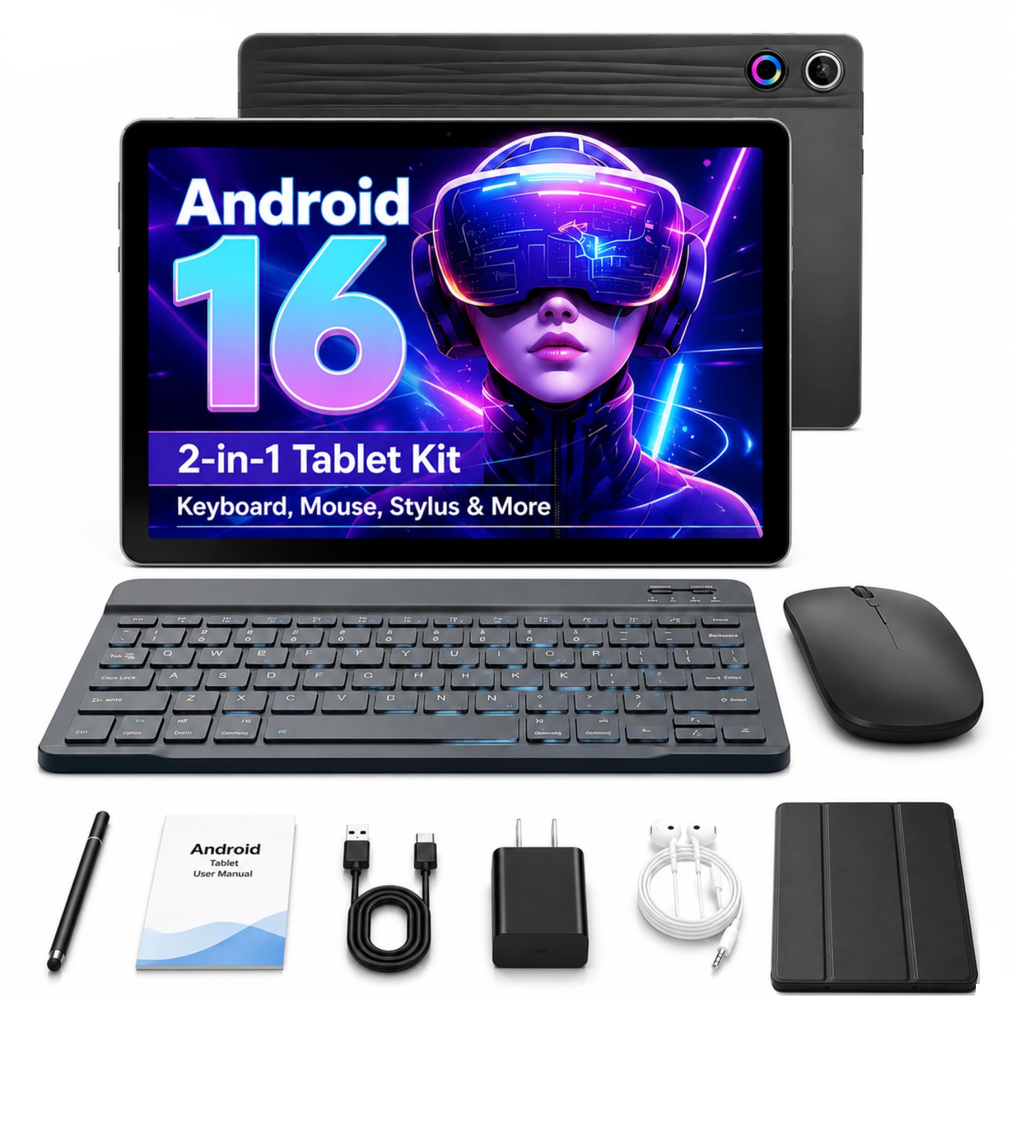 Jeazans Android 16 Tablet 10.1 Inch, 2in1 Tablet Bundle with Keyboard, Wireless Mouse, Stylus, Leather Case, Dual Camera, 64GB