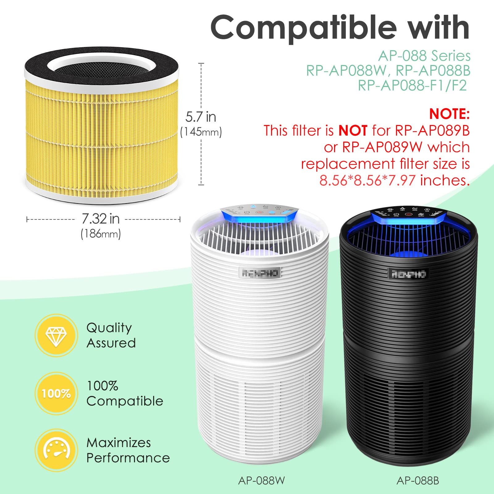Hsiamen Rp Ap088 F1 Compatible With Renpho Air Purifier Replacement Filter Rp Ap088W Rp Ap088 Rp Ap088B, 5 Stage H13 True Hepa F