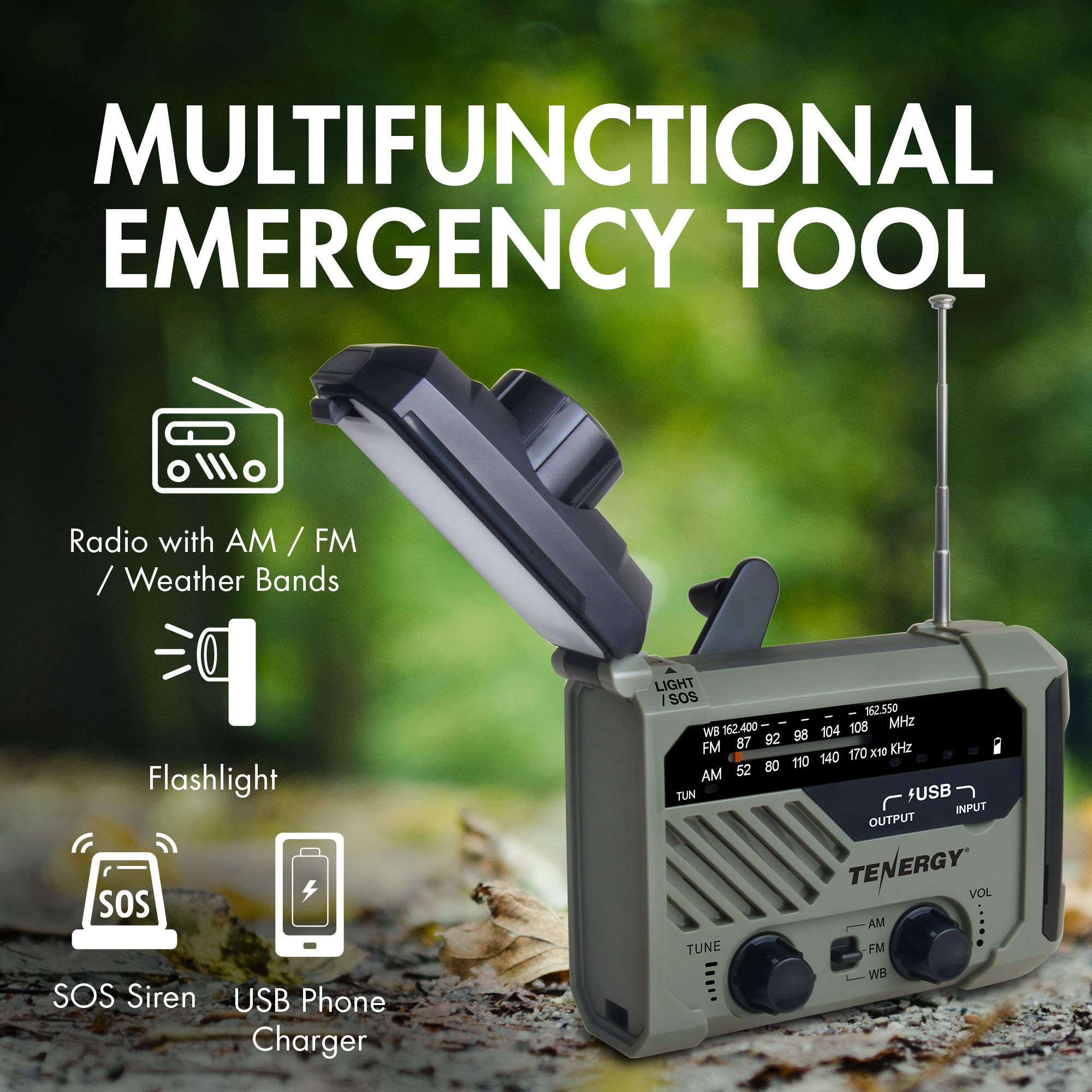 Tenergy Multifunctional Hand Crank Weather Radio With Led Flashlights, Sos Alarm, Cell Phone Charger, Am/Fm/Noaa Radio Frequenci
