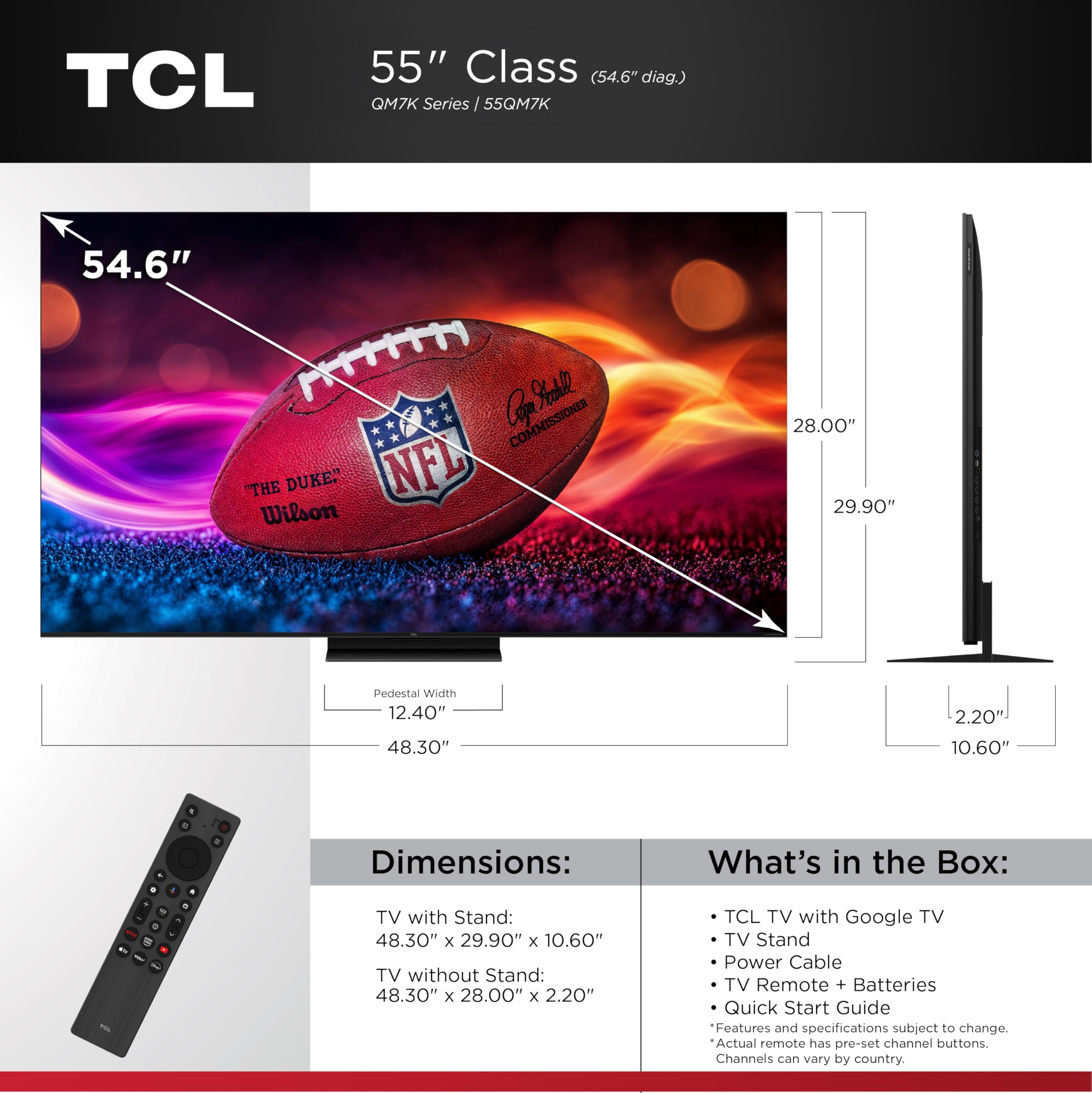 Tcl 55-Inch Qm7K Qled 4K Smart Qd-Mini Led Tv With Google Tv (55Qm7K, 2025 Model) Dolby Vision Iq, Dolby Atmos, Hdr, Game Accele