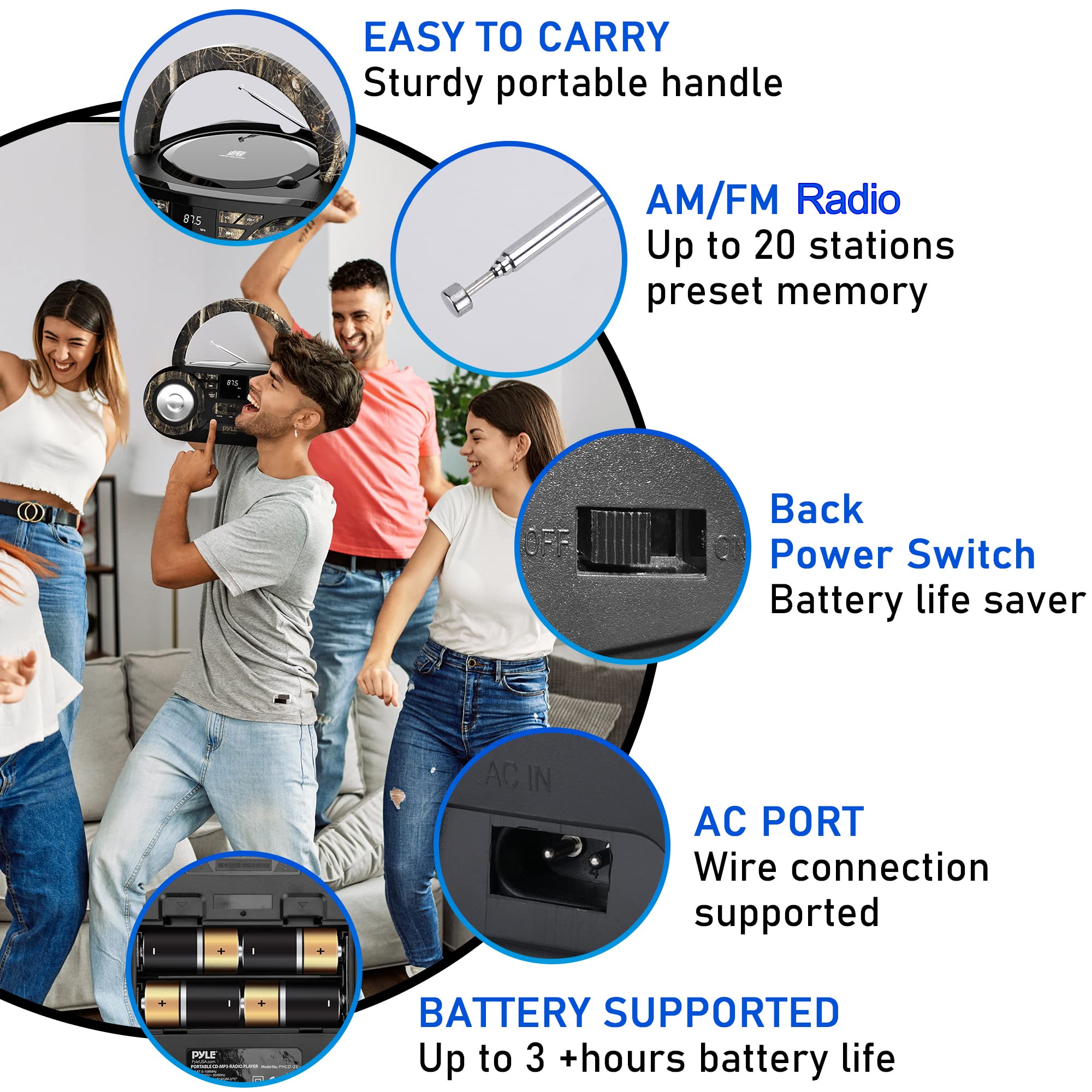 Pyle Portable Cd Player Boombox Speaker,Wireless Bt Streaming,Am Fm Stereo Radio&Enhanced Sound,Cd R Rw,Mp3,Wma Playback,Usb Por