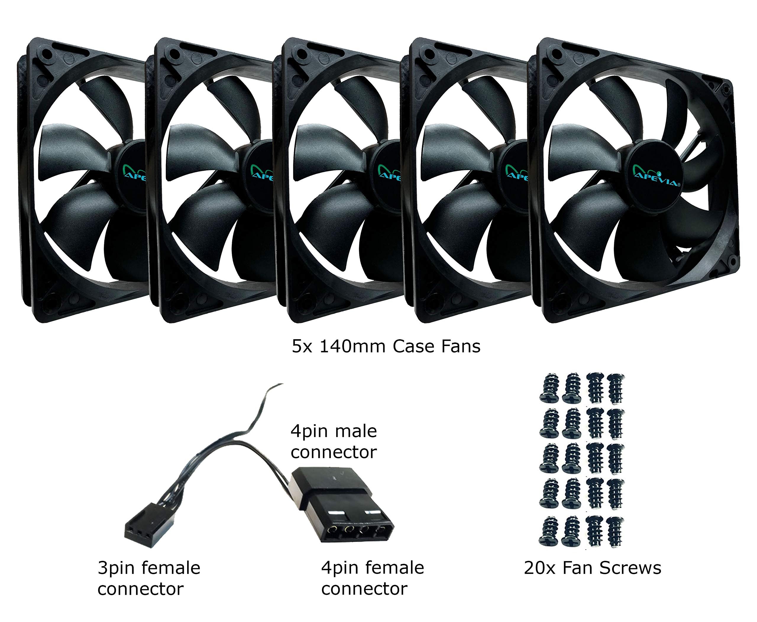 Apevia Cf514S-Bk 140Mm 4Pin Molex & 3Pin Motherboard Black Silent Case Fan (5-Pk)