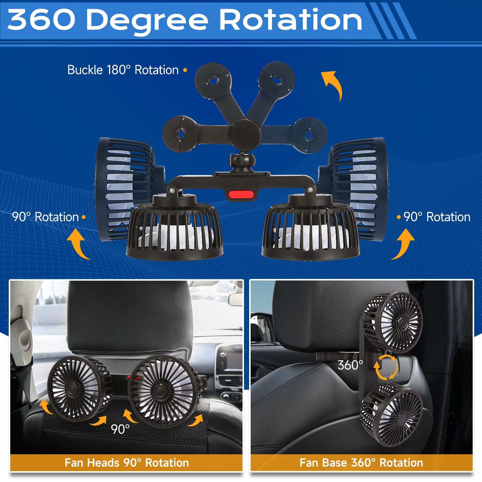 Drosica Car Fan For Backseat Kids, Dual Head Usb Car Seat Fan, 3 Speeds 360 Rotatable Fan For Car, Air Circulation Fan With Adju
