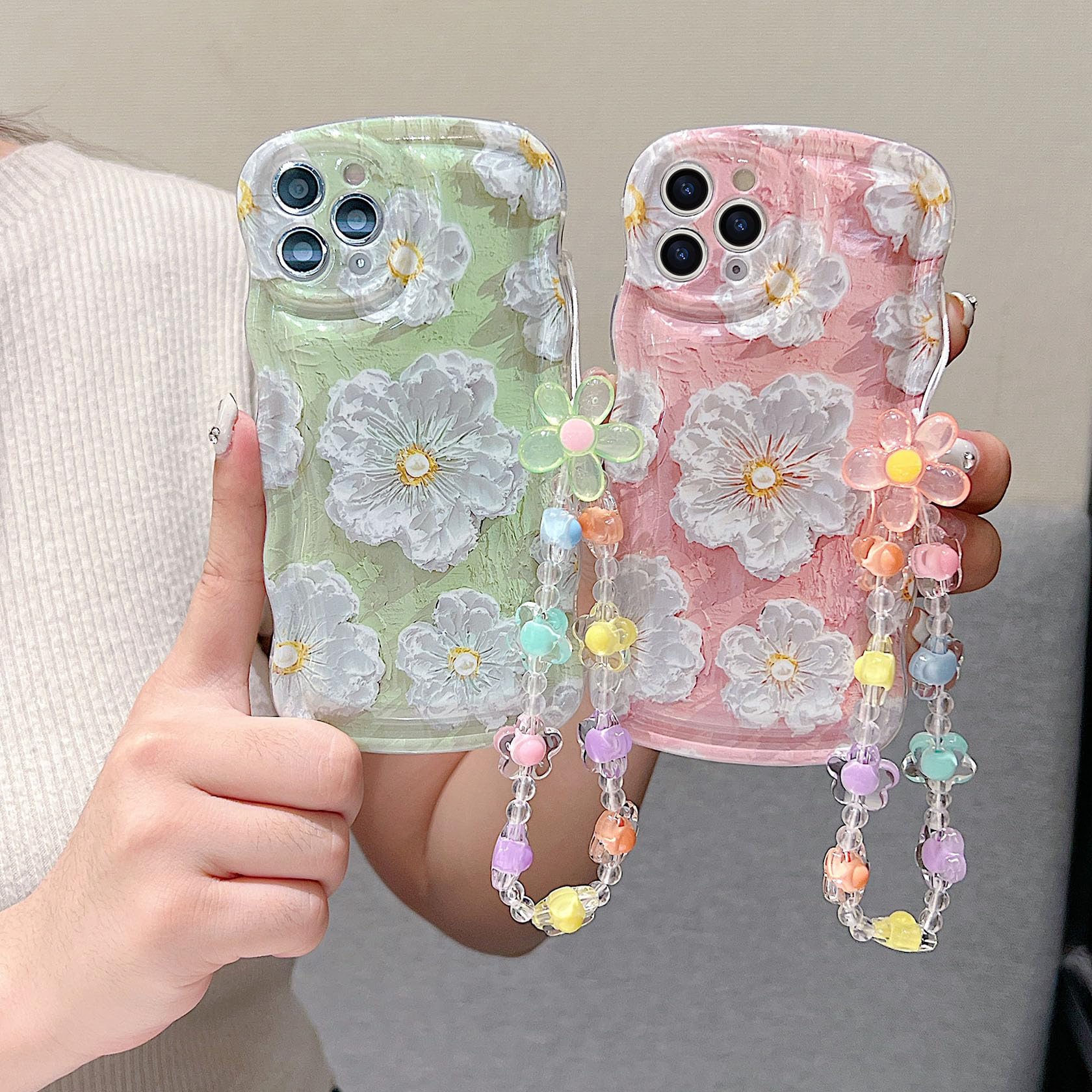 For Iphone 11 Pro Curly Wavy Case, Cute Colorful Retro Oil Painting Flower Glossy Pattern [With Bead Chain], Slim Fit Shockproof