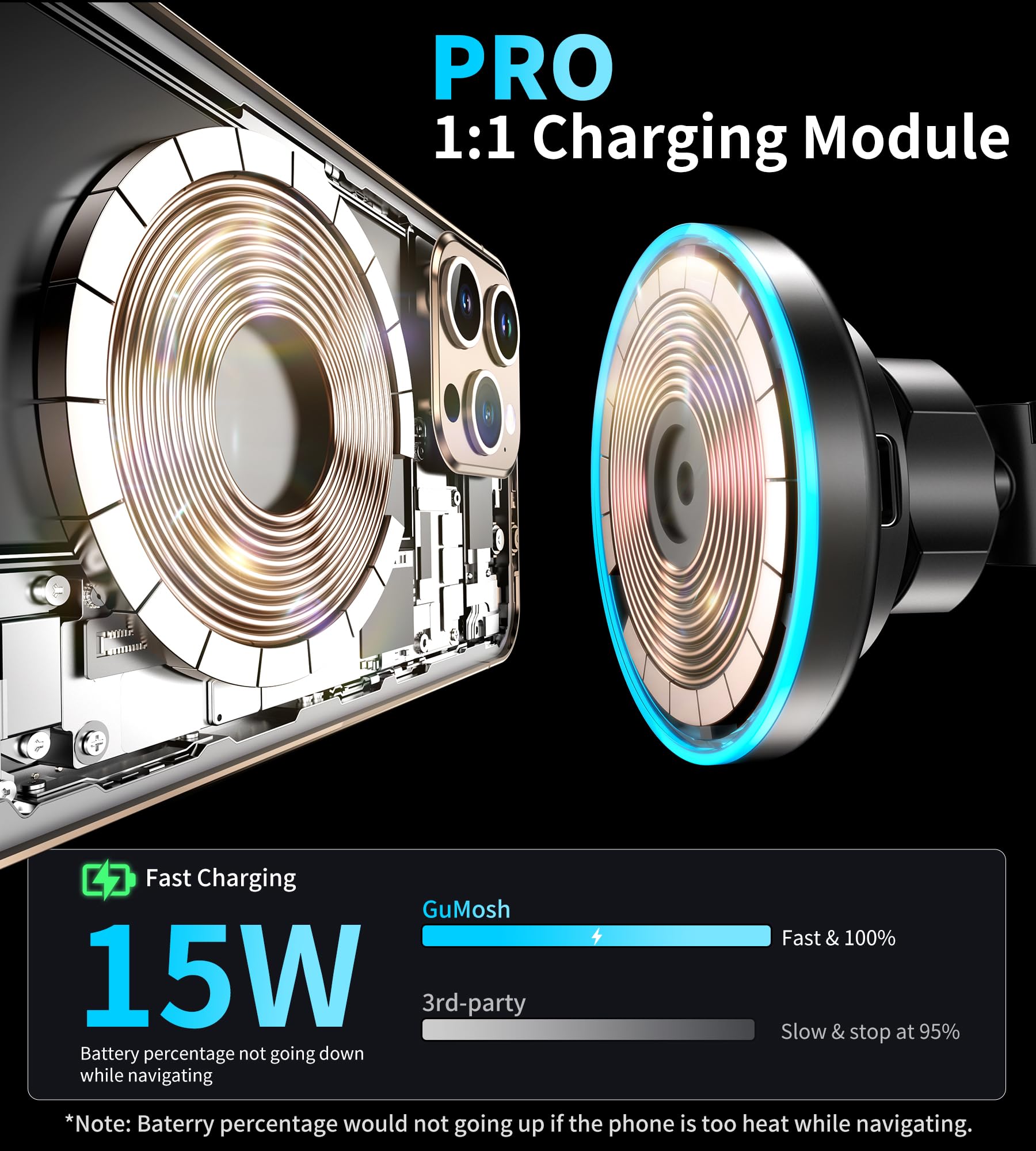 Gumosh For Mag-Safe Car Mount Charger Dash Vent Windshield Wireless Car Charger With Led Light, Strong Magnetic Phone Holder For