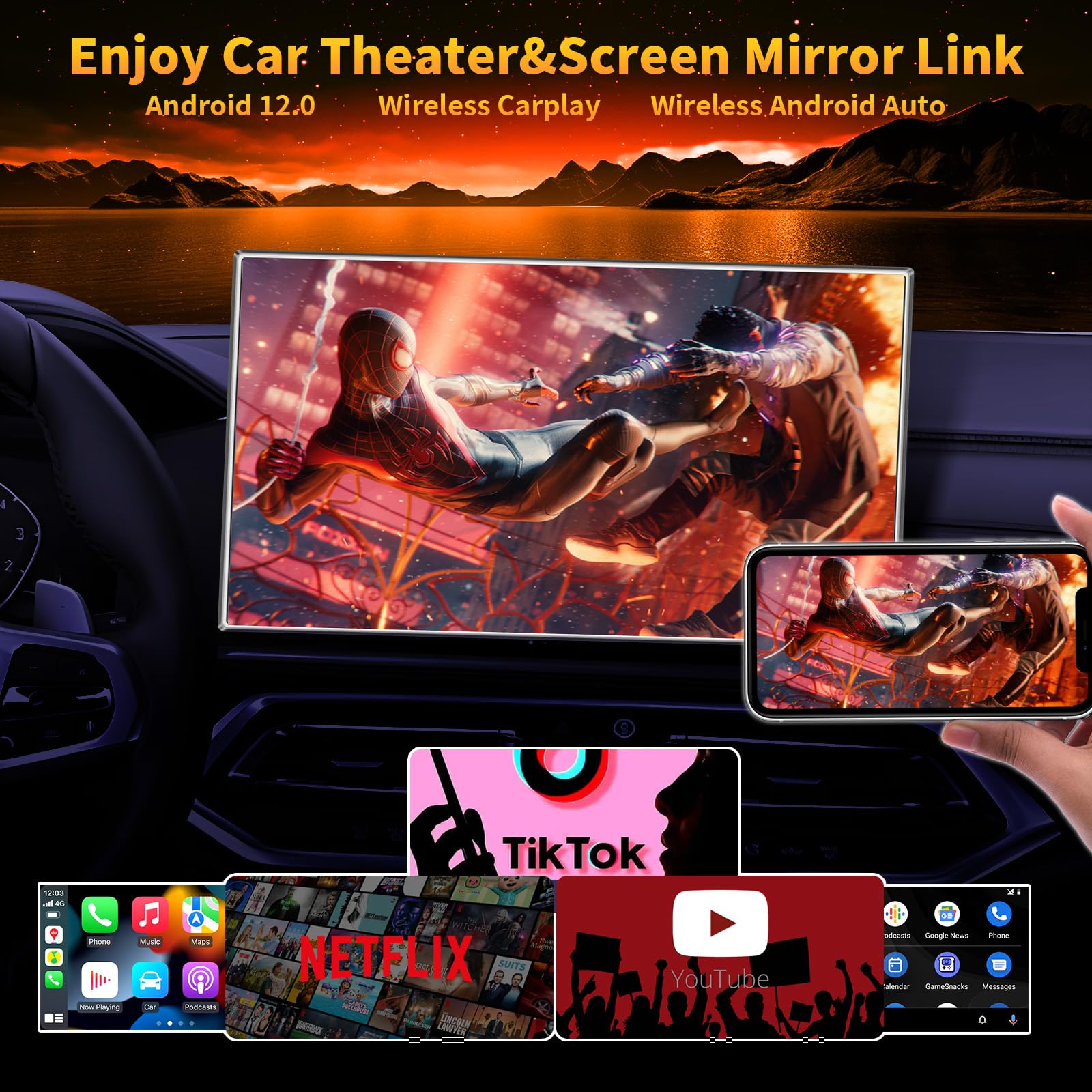 4 In 1 Carplay Ai Box,Wireless Carplay & Android Auto Adapter,Supports Netflix/Youtube/Tik Tok/Screen Mirror Link/Tf Card,Suitab