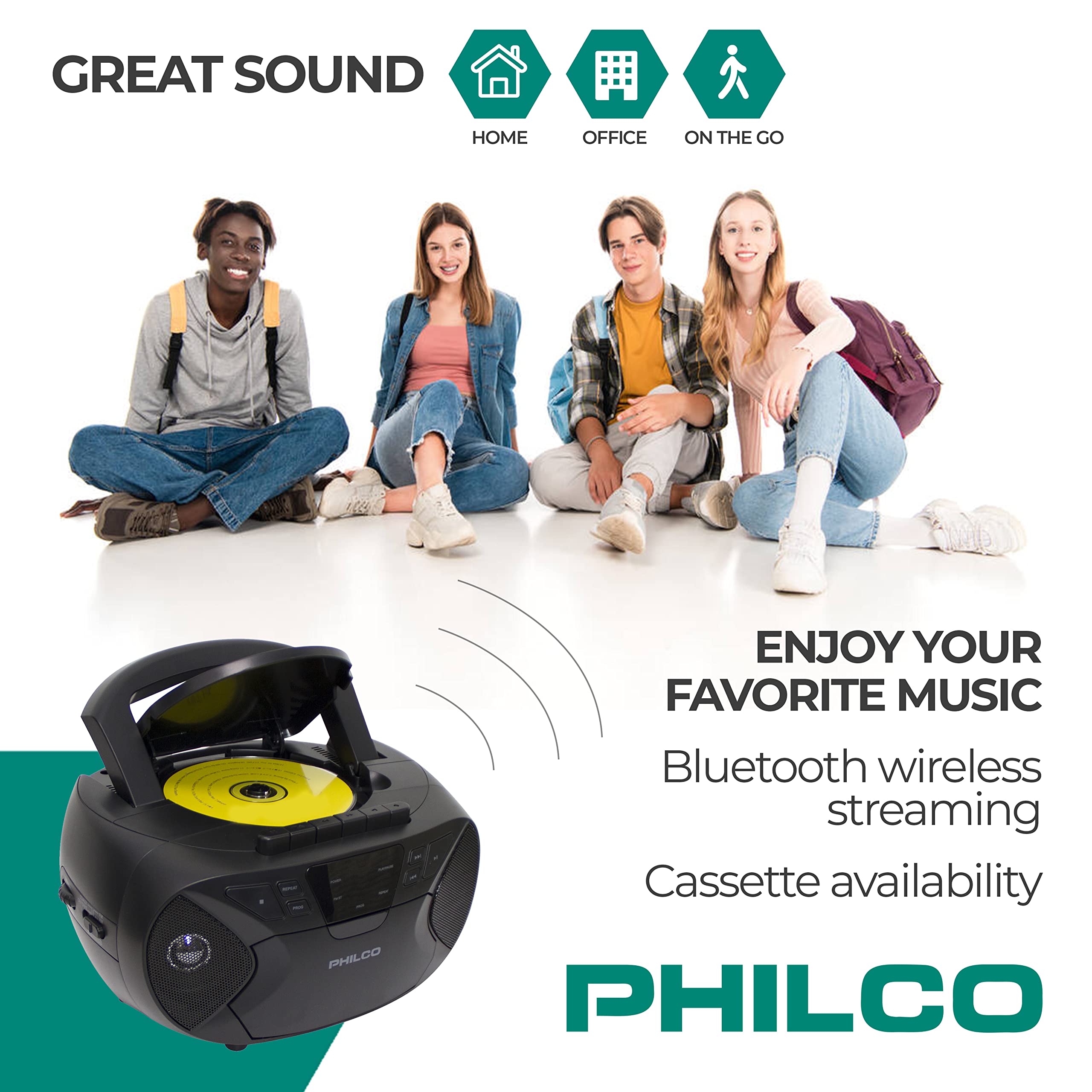 Philco Portable Bluetooth Boombox With Cd And Cassette Player | Cassette Recorder | Connect To Headphones | Cd Player Is Compati