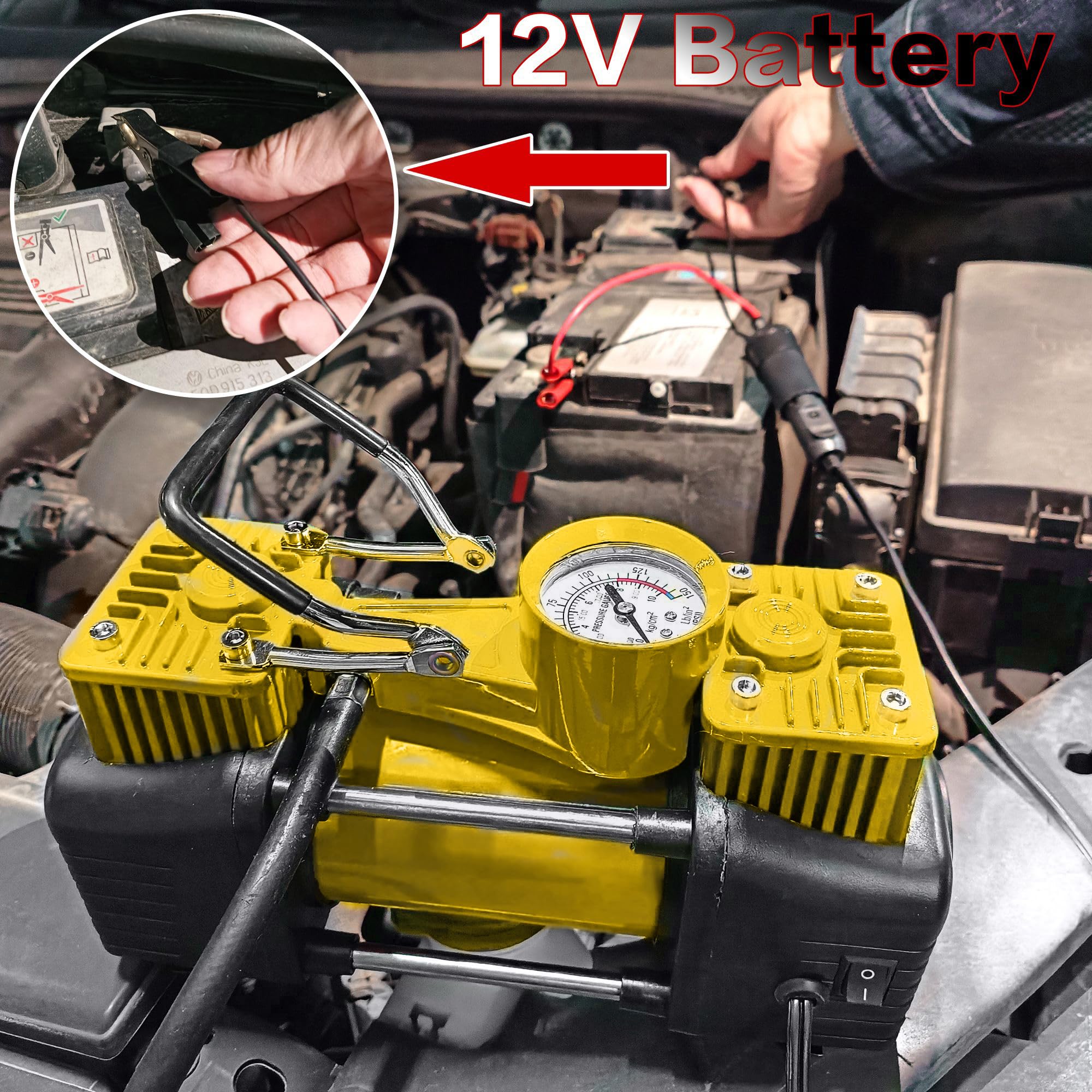 Yellow Tire Inflator Heavy Duty Double Cylinders Direct Drive Inflation Pump,12V Portable Air Compressor Pump With Led Light Dig