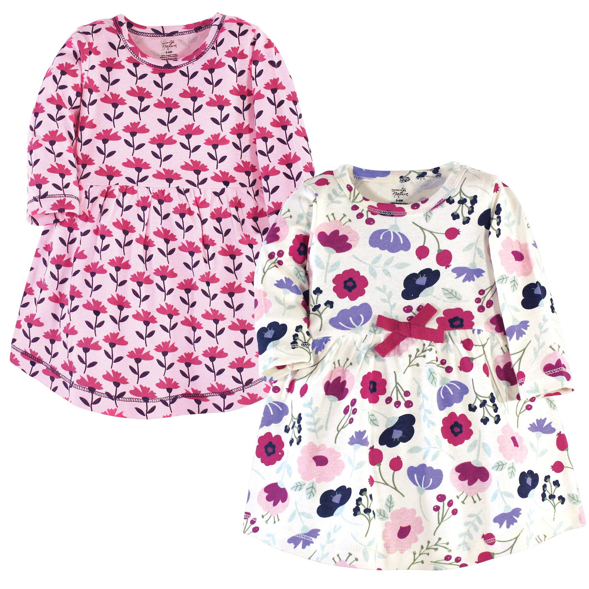 Touched By Nature Girls, Toddler, Baby And Womens Organic Cotton Short Sleeve And Long Sleeve Dresses, Pink Botanical Long Sleev