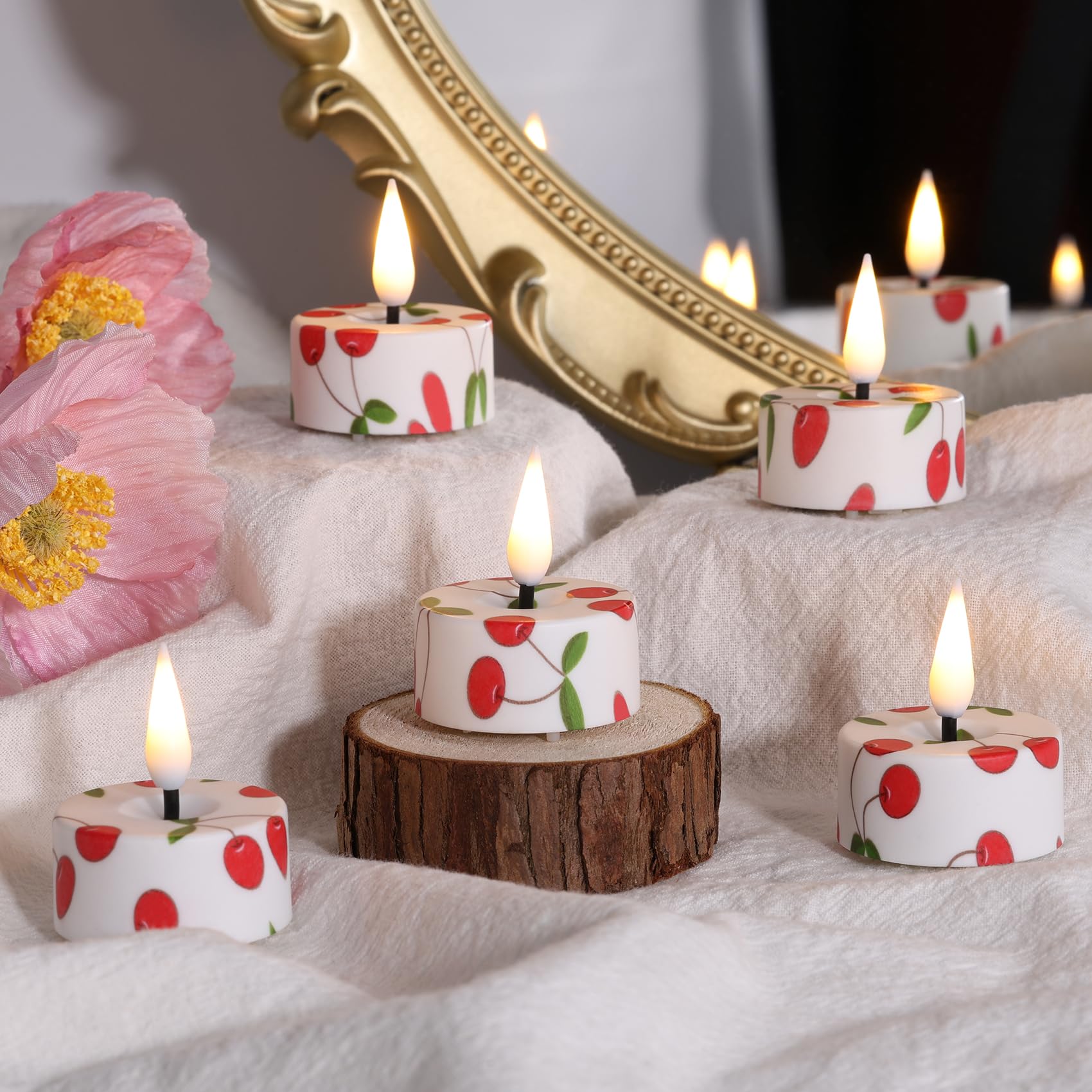 Eywamage Red Cherry Flameless Tealights With Remote Batteries, Flickering Plastic Led Tea Votive Candles Set Of 12
