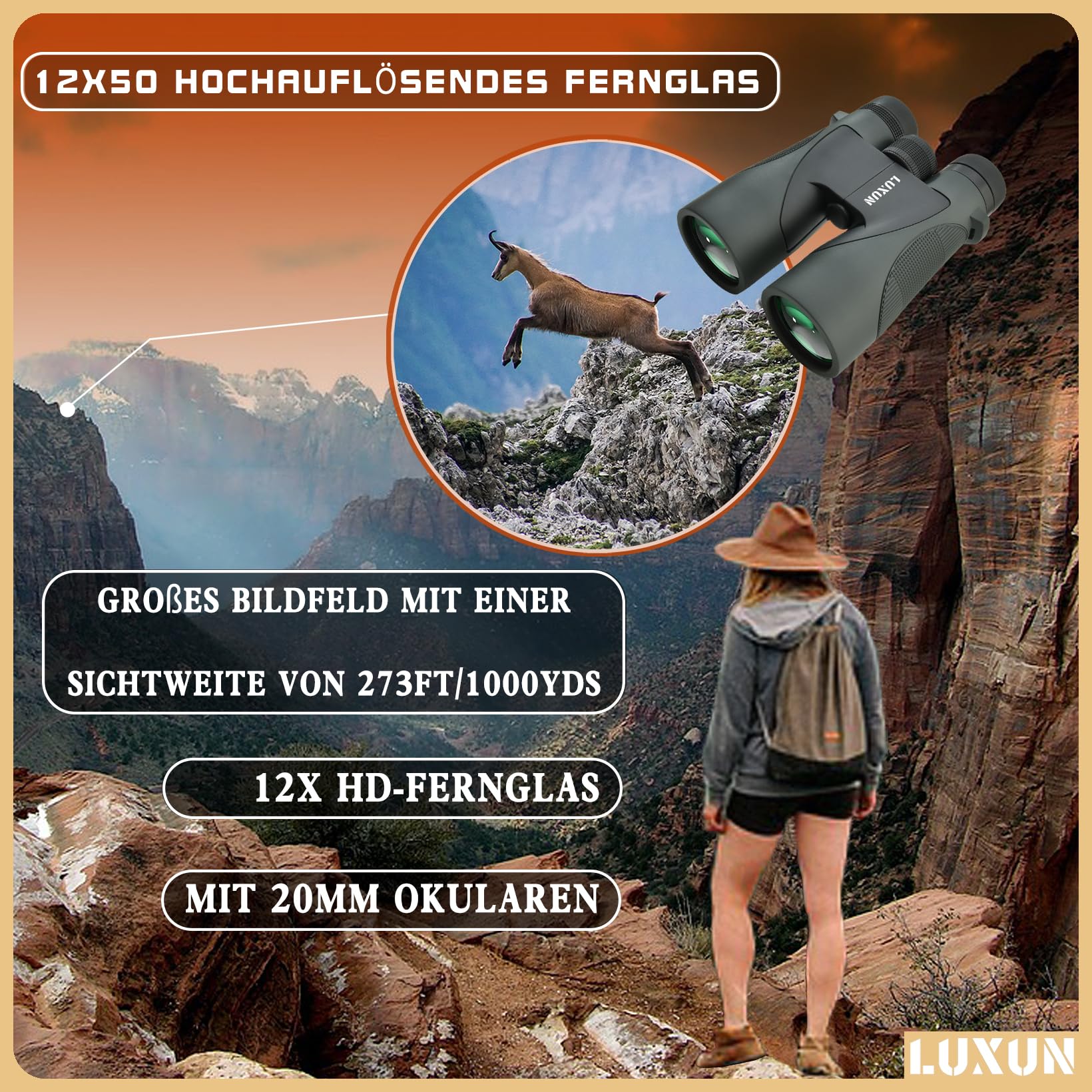 Luxun 12X50 High Powered Binoculars For Adults Hunting, Binoculars With Long Range Bak4 Prism Fmc Prisms, For Hunting Bird Watch