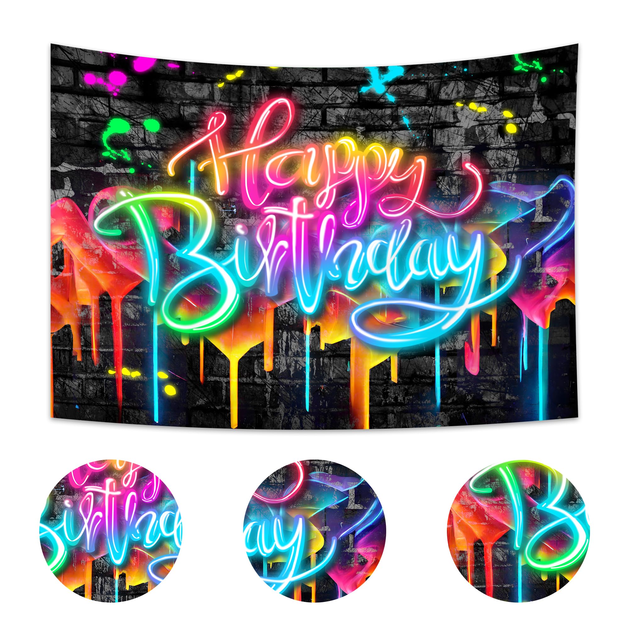 Imirell Neon Happy Birthday Backdrop 7Wx5H Feet Glow In The Dark Brick Wall Funny Graffiti Colorful Painting Splatter Polyester
